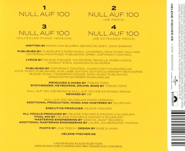 Ein gelbes CD-Cover mit dem Titel 'Null Auf 100' sowie Song-Credits und Texten.