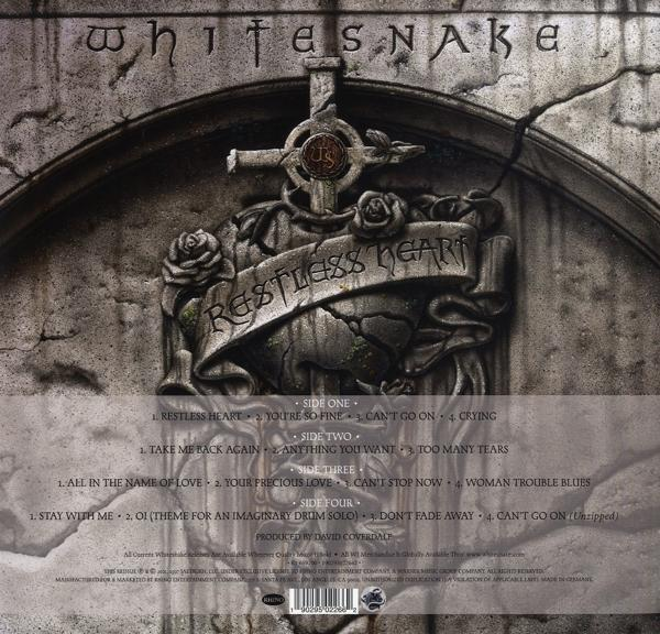 Pochette arrière de l'album : Restless Heart de Whitesnake. Texte énumérant les chansons et les crédits, avec une croix en pierre.