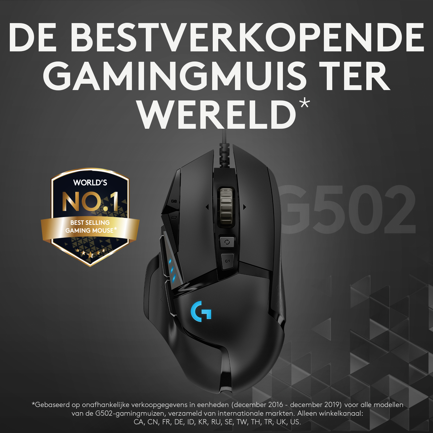 Zwarte gamingmuis met blauwe accenten, tekst "World's No.1 Best Selling Gaming Mouse".
