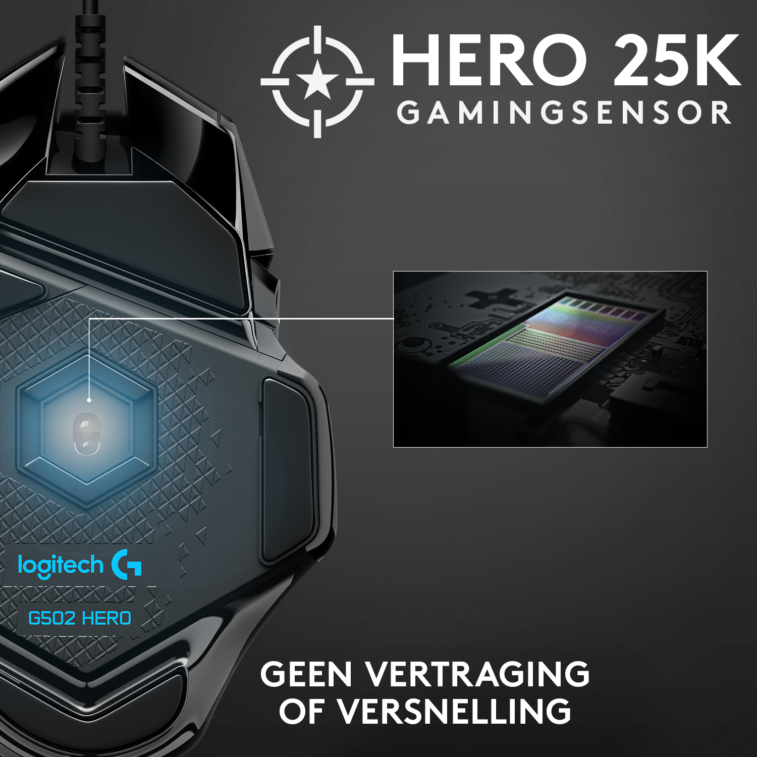 Zwarte gamingmuis met tekst en close-up van een sensor.