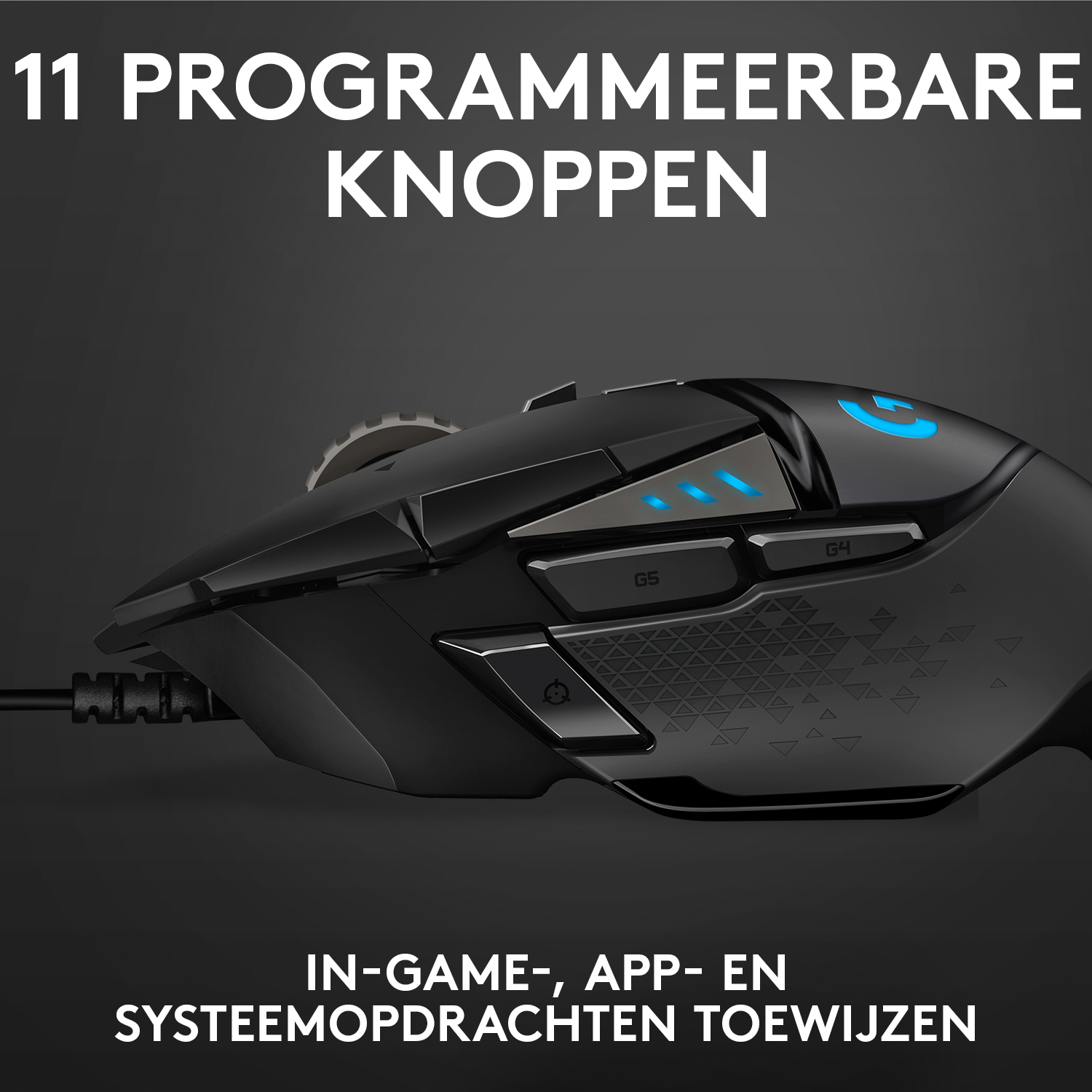 Gamingmuis met knoppen. Zwart met blauwe accenten en meerdere knoppen.
