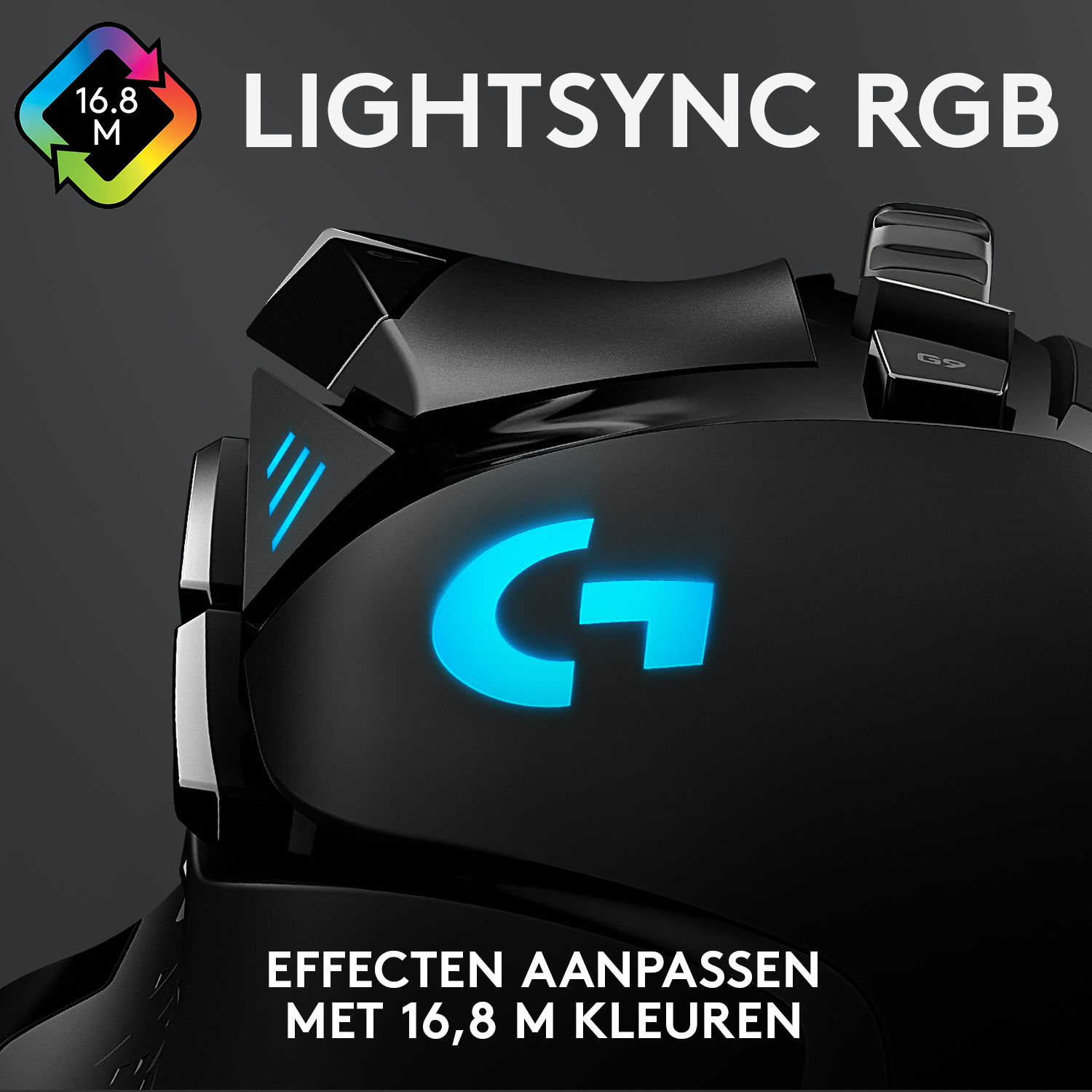 Zwarte gaming muis met een blauw oplichtend 'G' logo, met tekst over RGB verlichting.