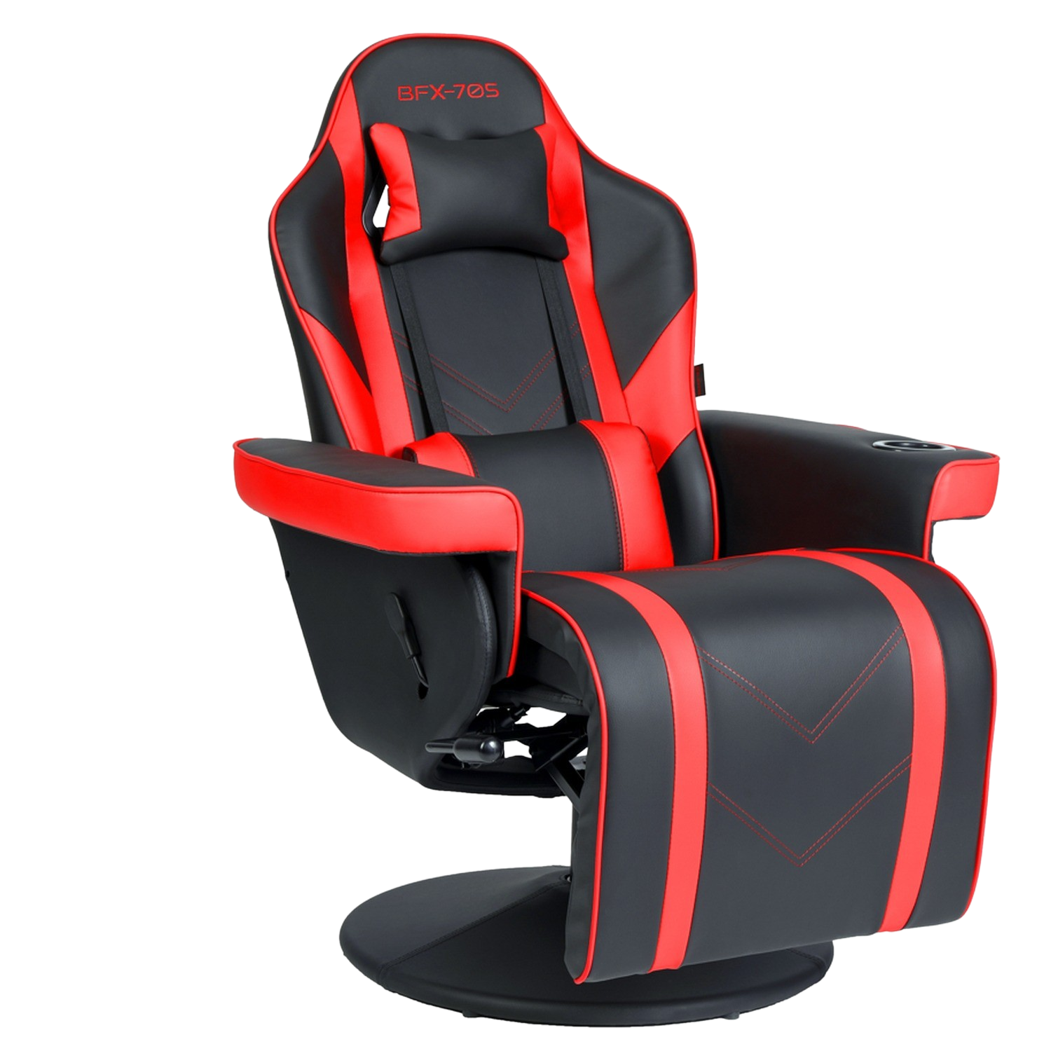 Una silla gaming negra y roja con portavasos y fondo negro.