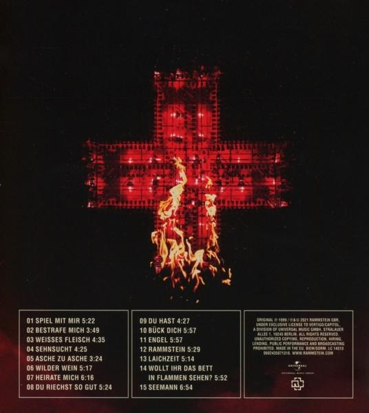 Albumcover von Rammstein mit Kreuz und Flammen, Trackliste und Credits sind sichtbar.