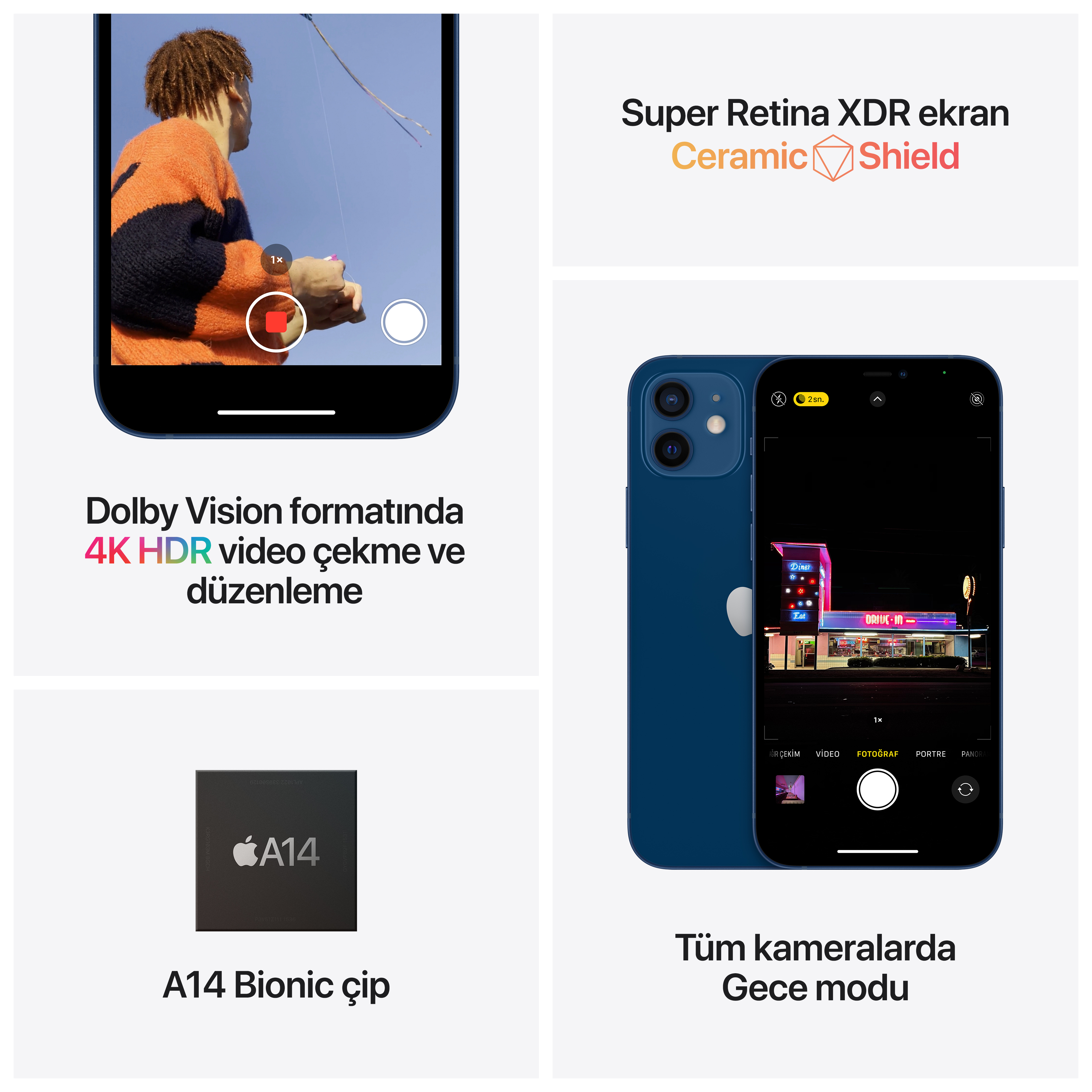 Video düzenlemeyi gösteren iPhone ekranı. Sağda mavi bir iPhone var. A14 Bionic çipi hakkında metin.
