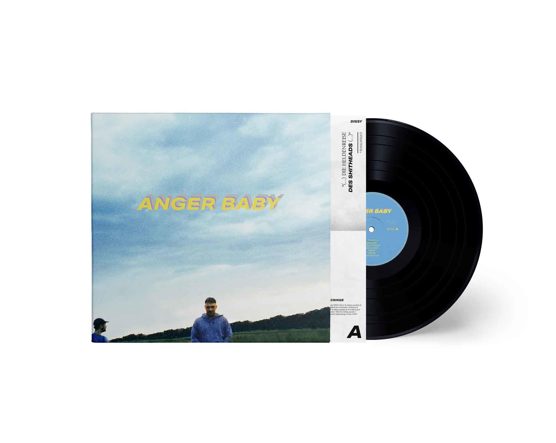 Vinyl-Schallplattenhülle und Schallplatte. Die Hülle hat 'ANGER BABY' und ein Bild eines bewölkten Himmels. Die Platte ist schwarz.