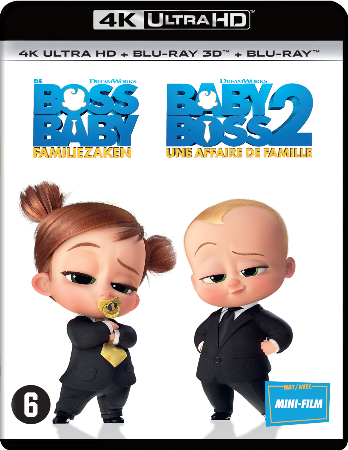 La couverture du film The Boss Baby 2. Deux bébés en costume avec du texte en anglais et une autre langue.
