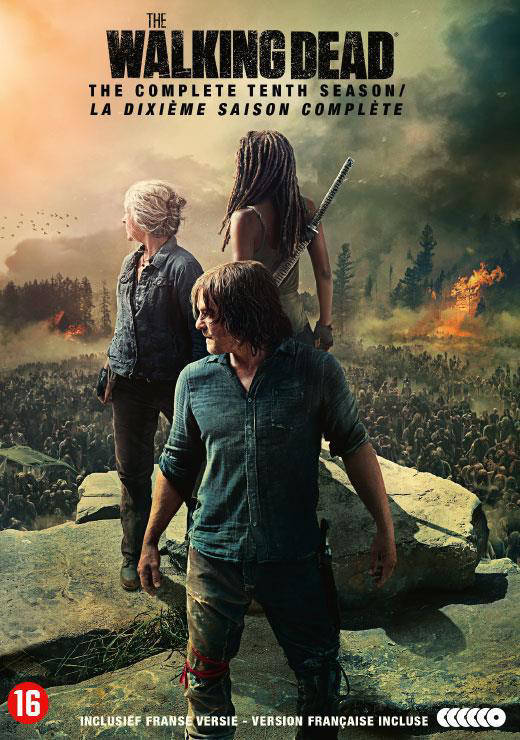 The Walking Dead seizoen 10 DVD-hoes. Mensen lopen, zombies op de achtergrond.