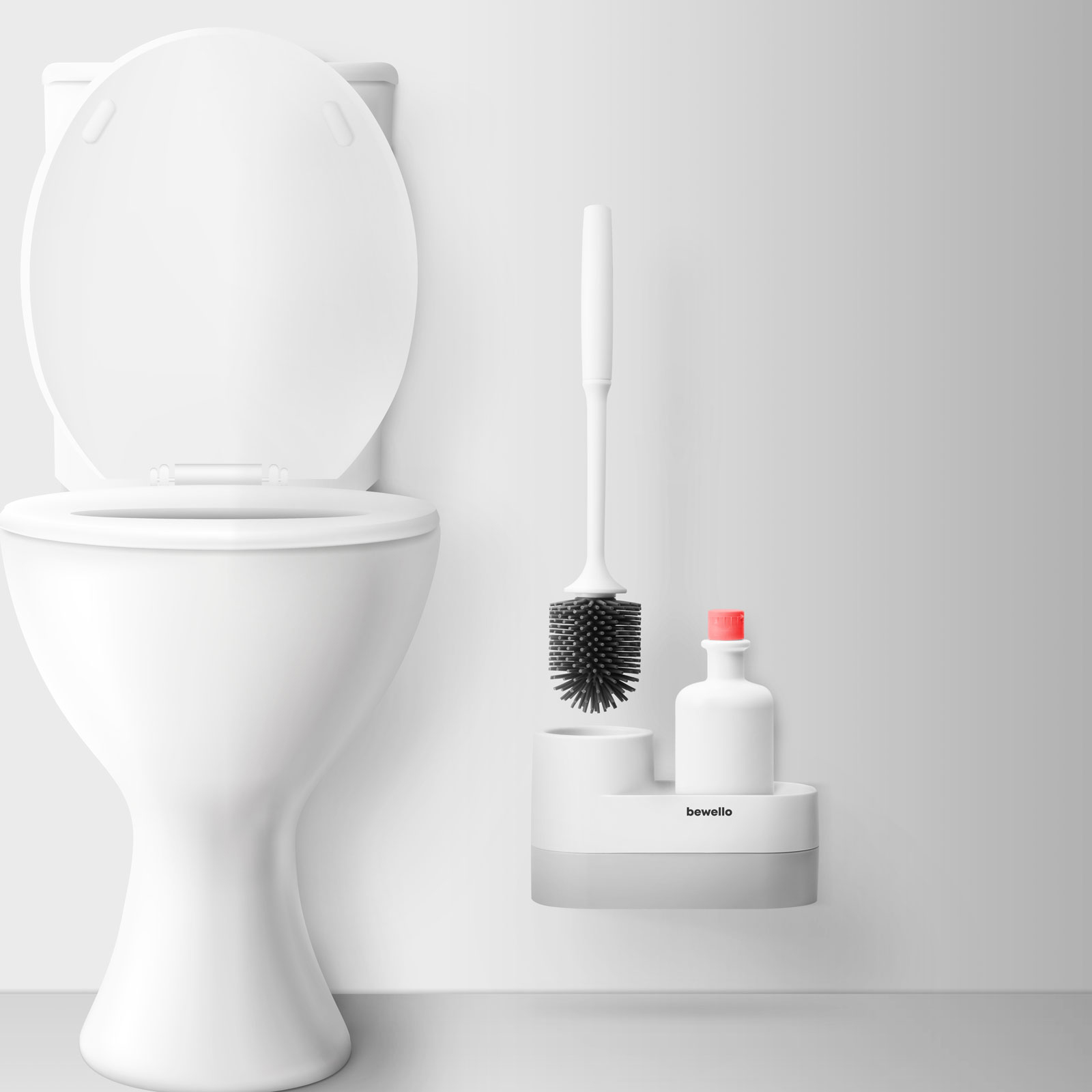 Fehér WC WC-kefetartóval és tisztítószerrel.