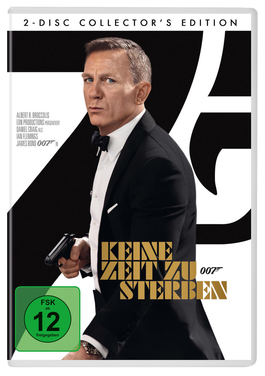Filmbild von James Bond mit einer Waffe, betitelt mit 'Keine Zeit zu sterben'.