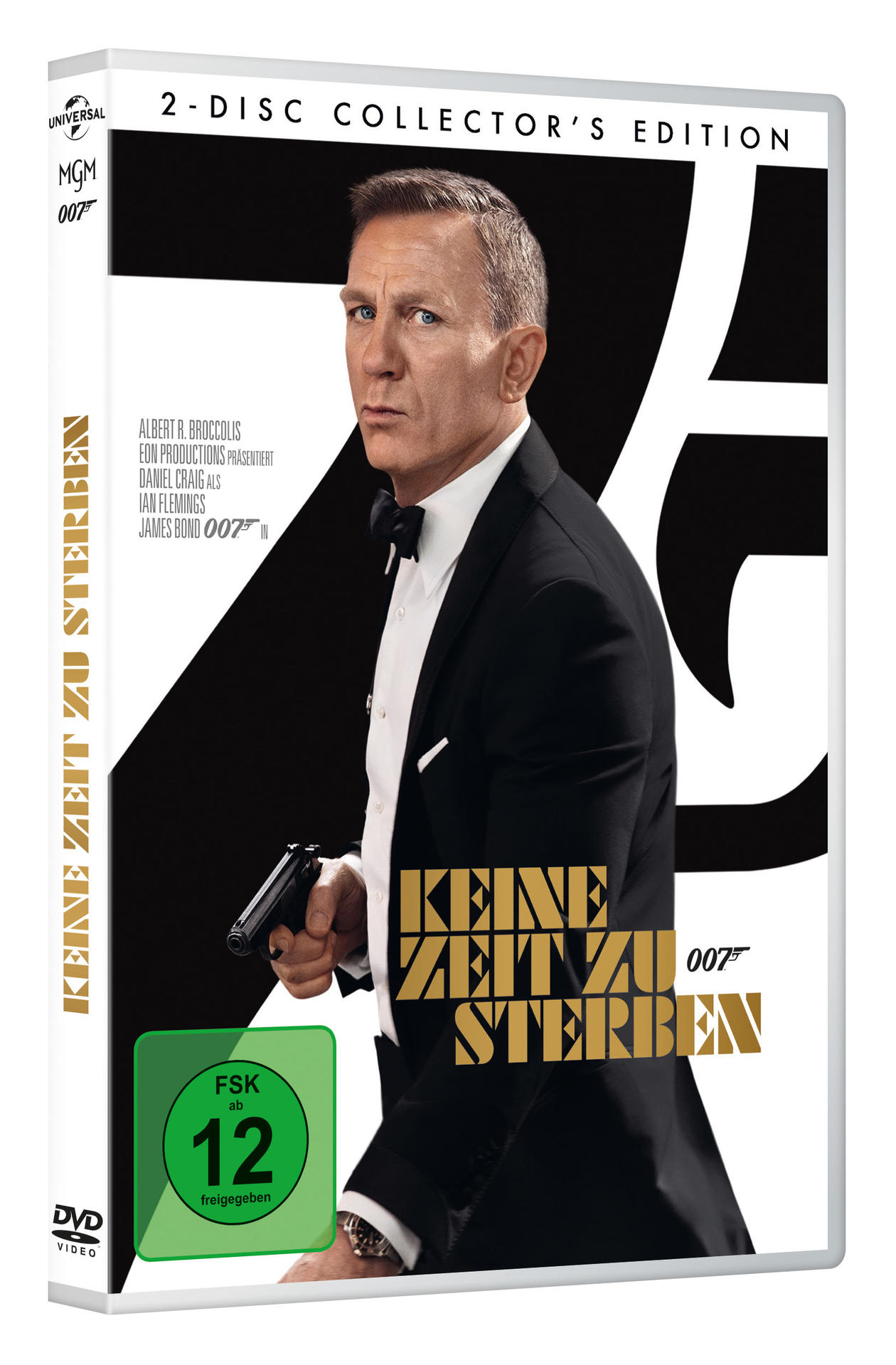 DVD-Hülle für 'Keine Zeit zu sterben'. Daniel Craig im Smoking mit einer Pistole, mit Titeltext und Schwarz-Weiß-Design.