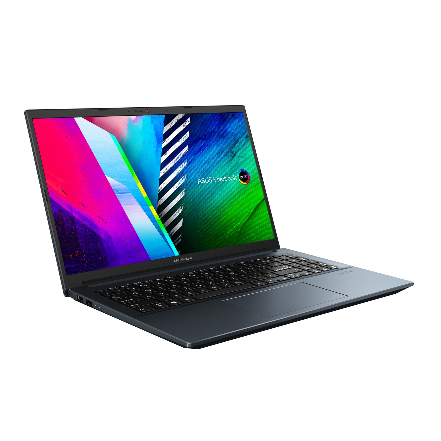 Portátil. Abierto, mostrando una pantalla colorida. ASUS Vivobook sobre superficie blanca. Vista en ángulo.