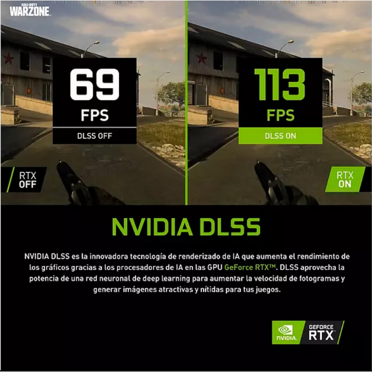Comparación Nvidia DLSS, mostrando FPS con y sin DLSS. Dos capturas de pantalla del juego.