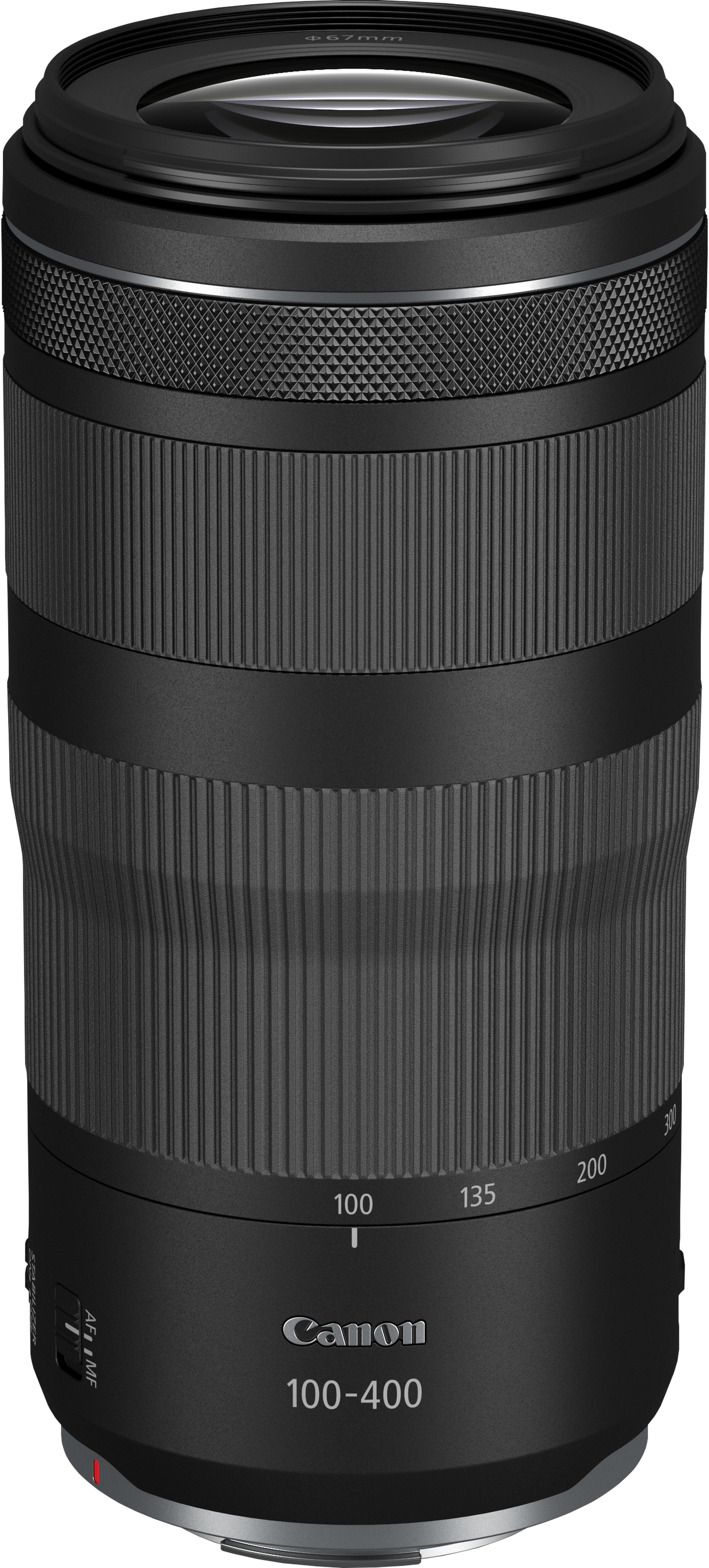 Un obiettivo Canon 100-400 nero. Il logo Canon è visibile.