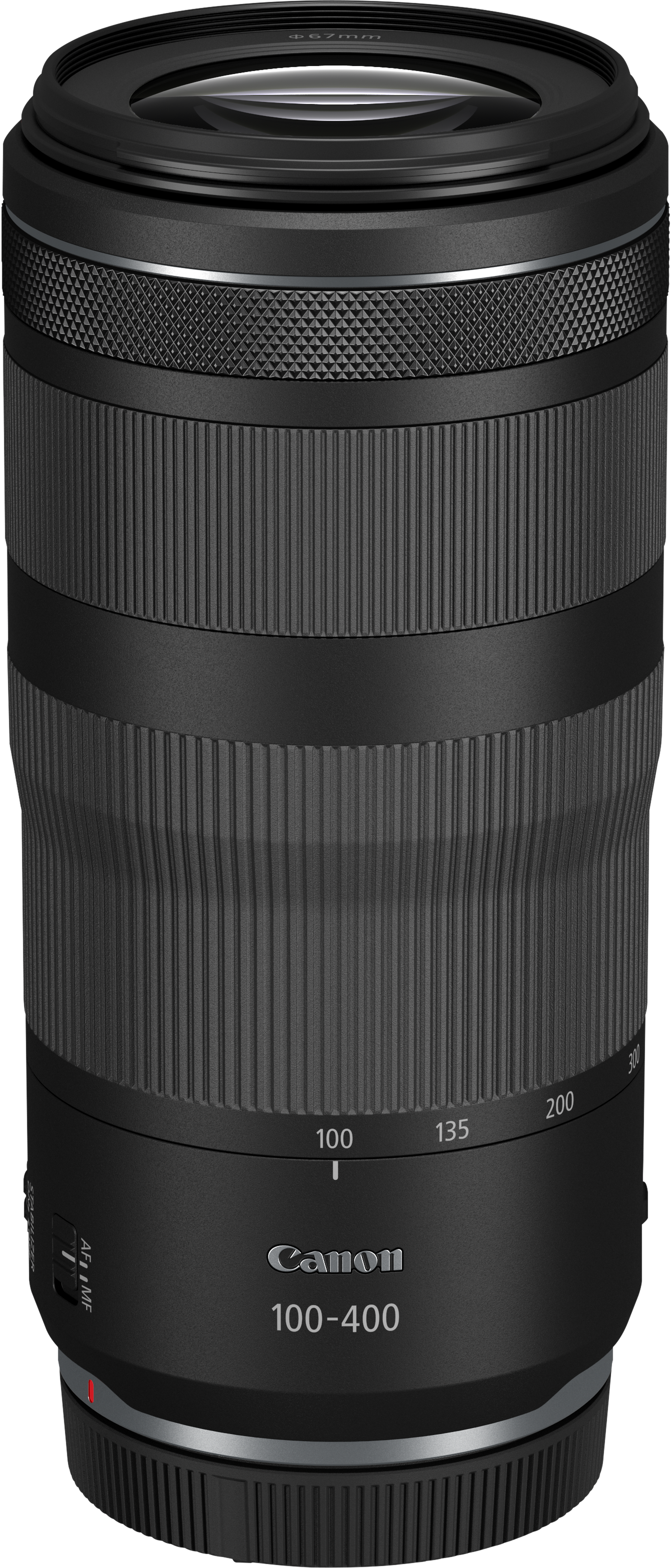 Obiettivo Canon 100-400mm. Obiettivo nero con testo bianco, che mostra le lunghezze focali e una ghiera di regolazione della messa a fuoco.