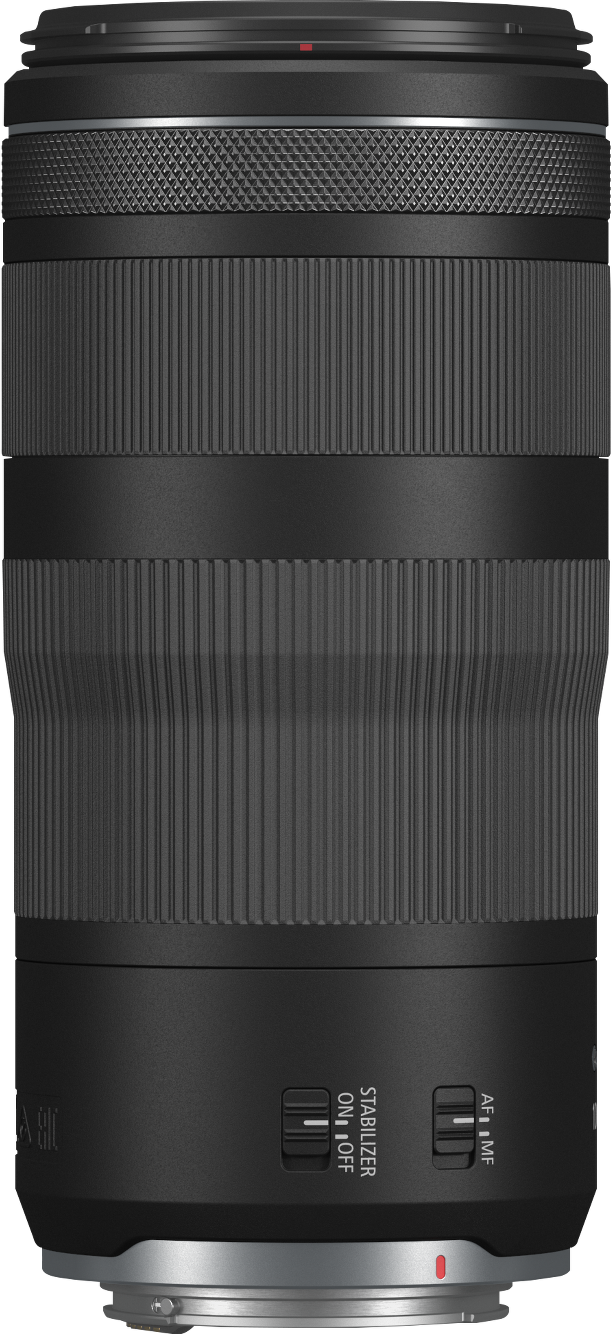 Obiettivo della fotocamera nero con trama a coste, anelli multipli e interruttori di controllo.