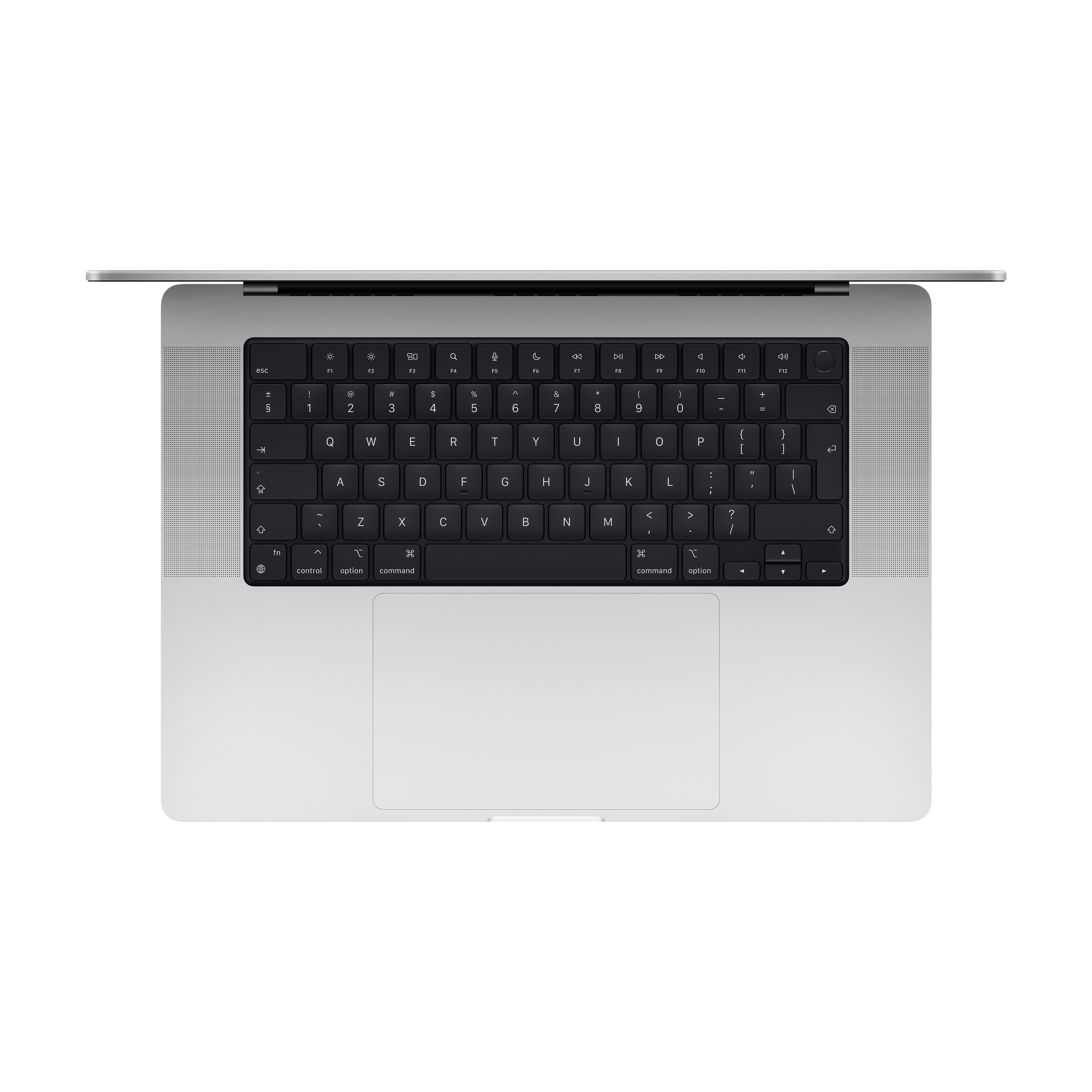 Draufsicht auf einen silbernen Laptop, der die Tastatur mit schwarzen Tasten und ein Trackpad zeigt.