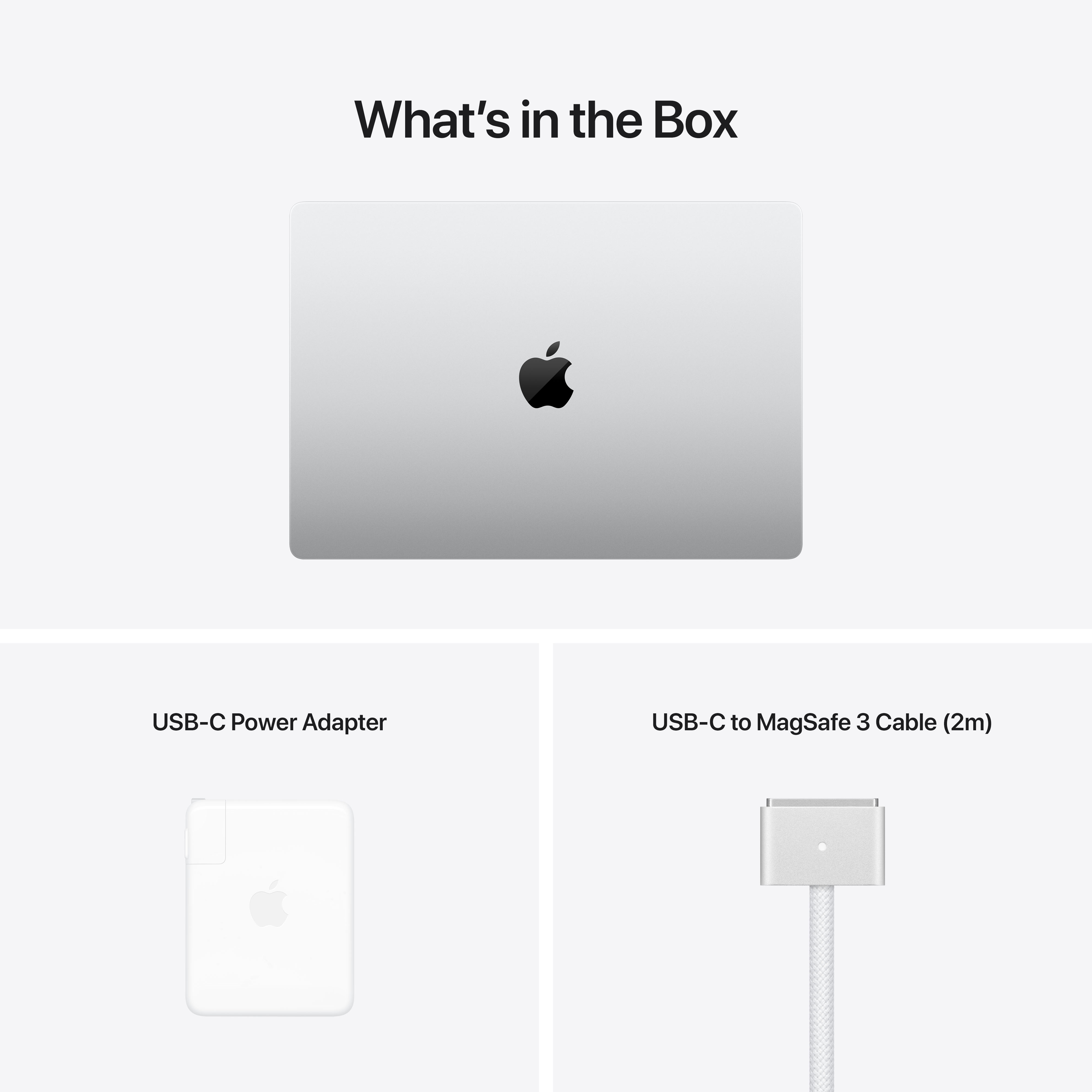 Laptop, USB-C-Adapter und USB-C-Kabel, angeordnet auf weißem Hintergrund, mit Apple-Logo.