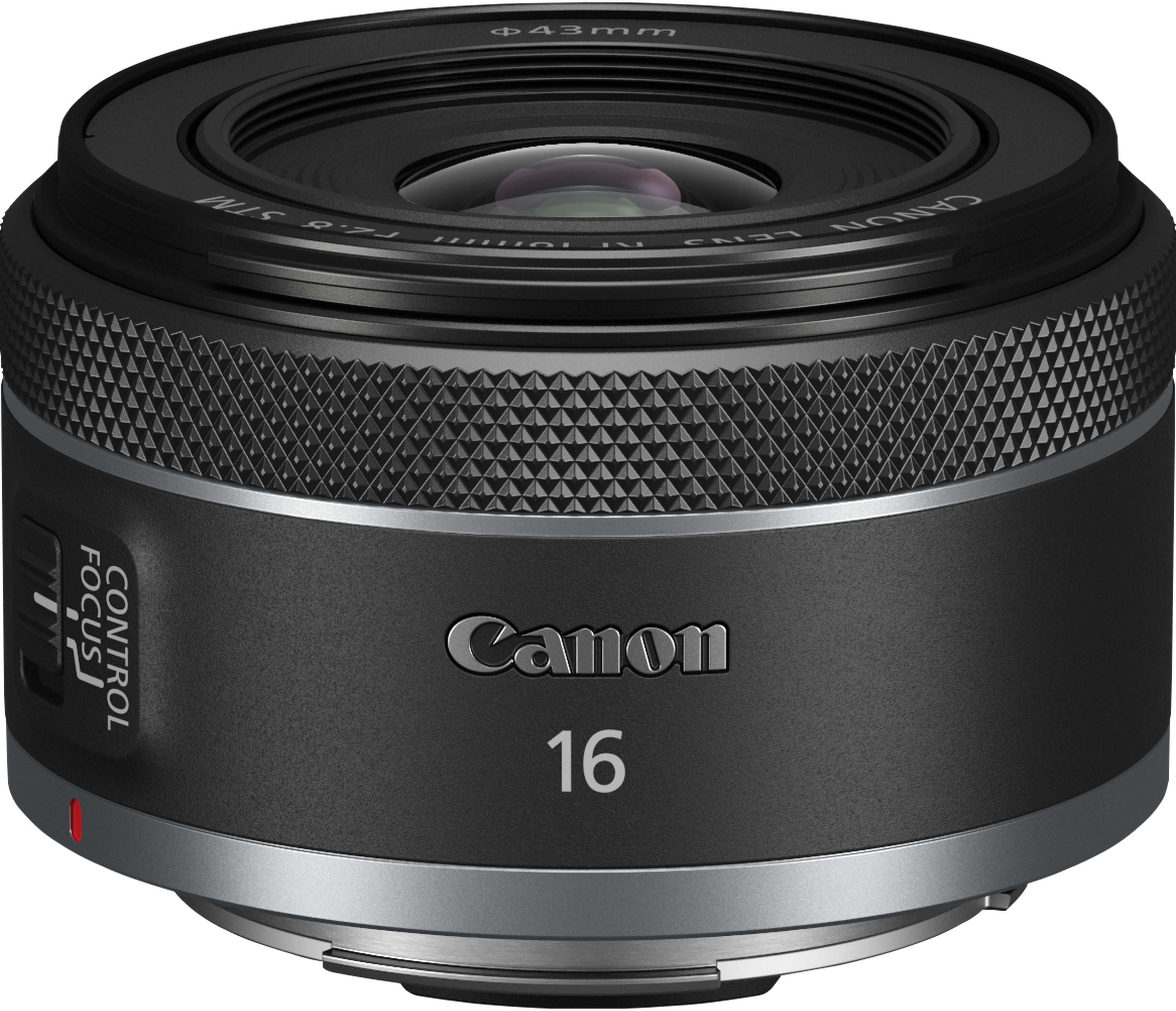 Un obiettivo Canon nero da 16 mm con accenti argentati e interruttore focus/controllo.