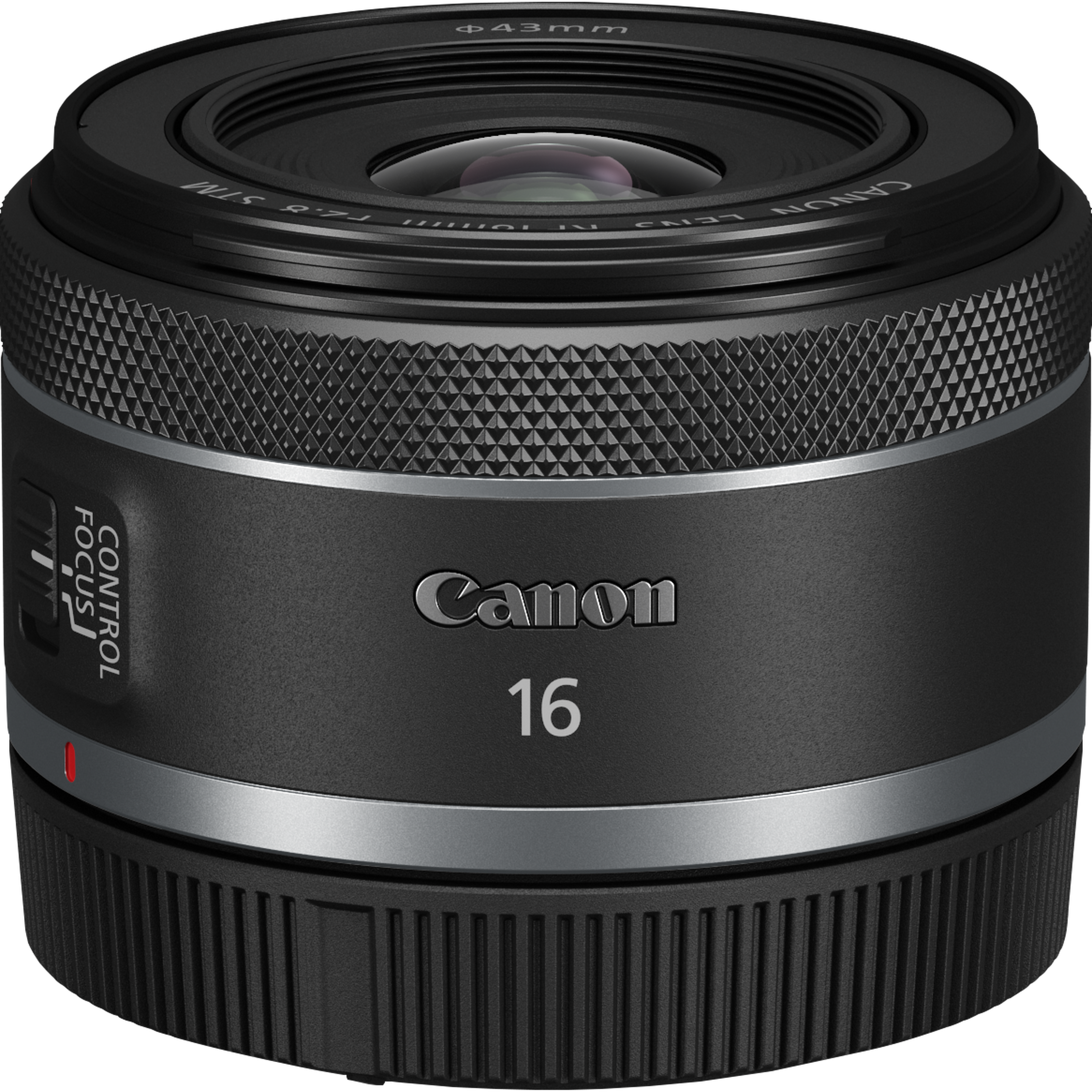 Obiettivo Canon nero 16mm f/2.8 con filettatura filtro 43mm e switch focus.