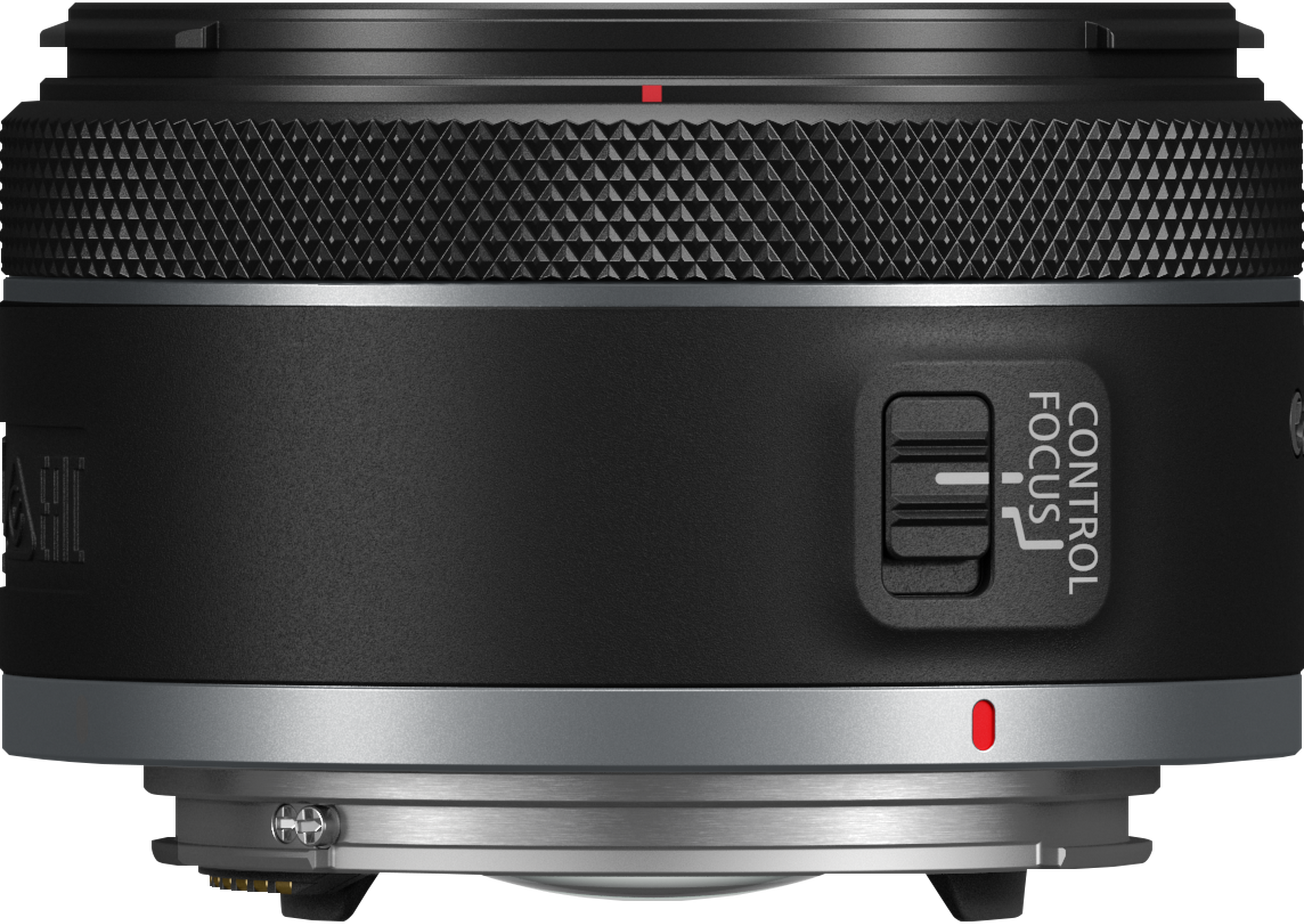 Primo piano di un obiettivo di fotocamera nero con anello argentato, interruttore e punto rosso.