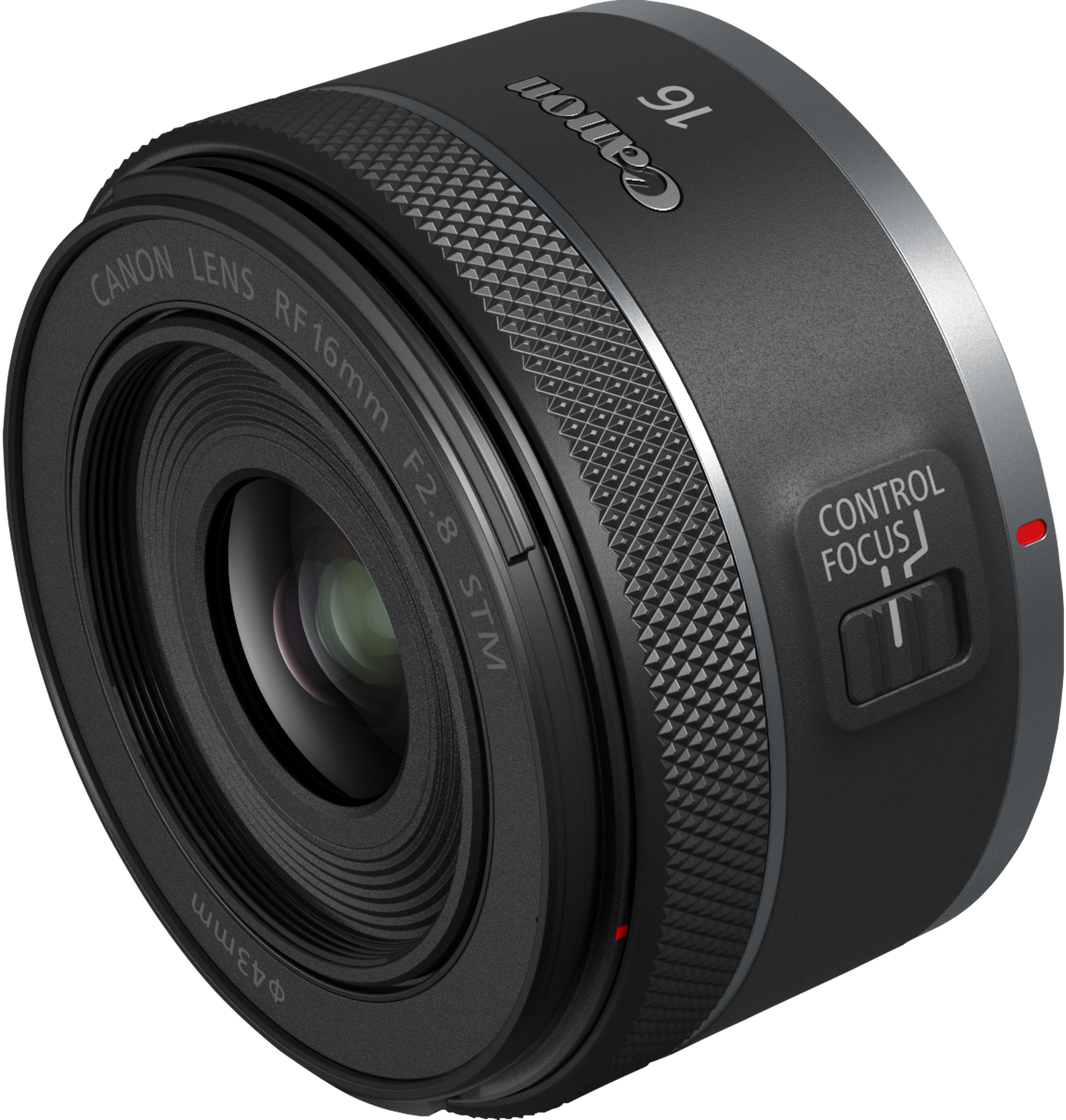 Obiettivo Canon RF 16mm f/2.8 STM con interruttore di messa a fuoco e ghiere.