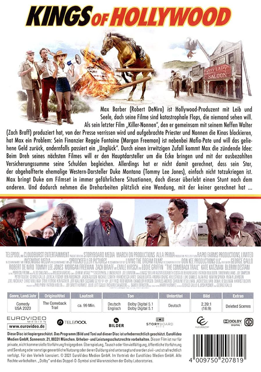 Rückseite einer DVD-Hülle. Kings of Hollywood, mit Schauspielern wie Robert De Niro und Zach Braff.