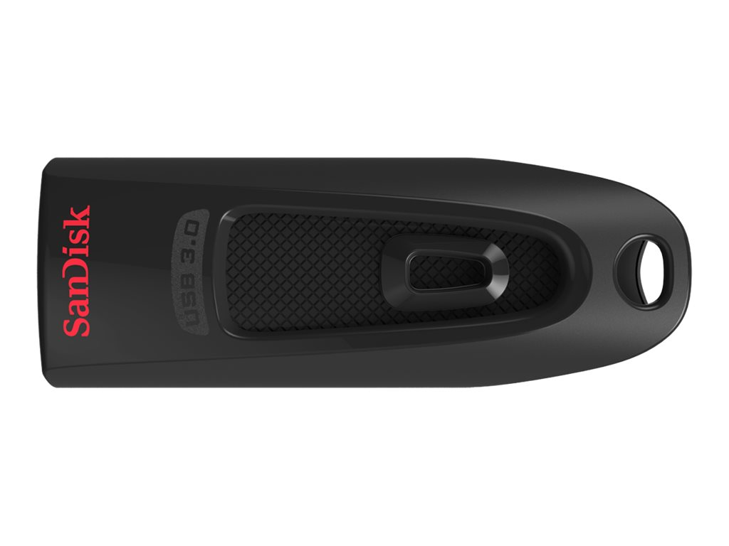 Schwarzer SanDisk USB 3.0-Stick mit rotem Logo und strukturierter Grifffläche.
