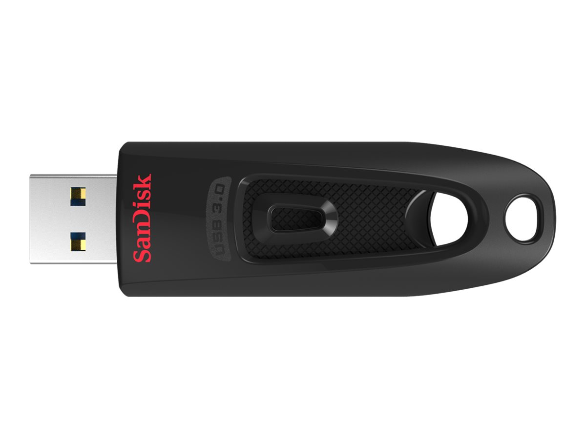 Ein schwarzer Sandisk USB 3.0-Flash-Laufwerk mit rotem Logo auf weißem Hintergrund.