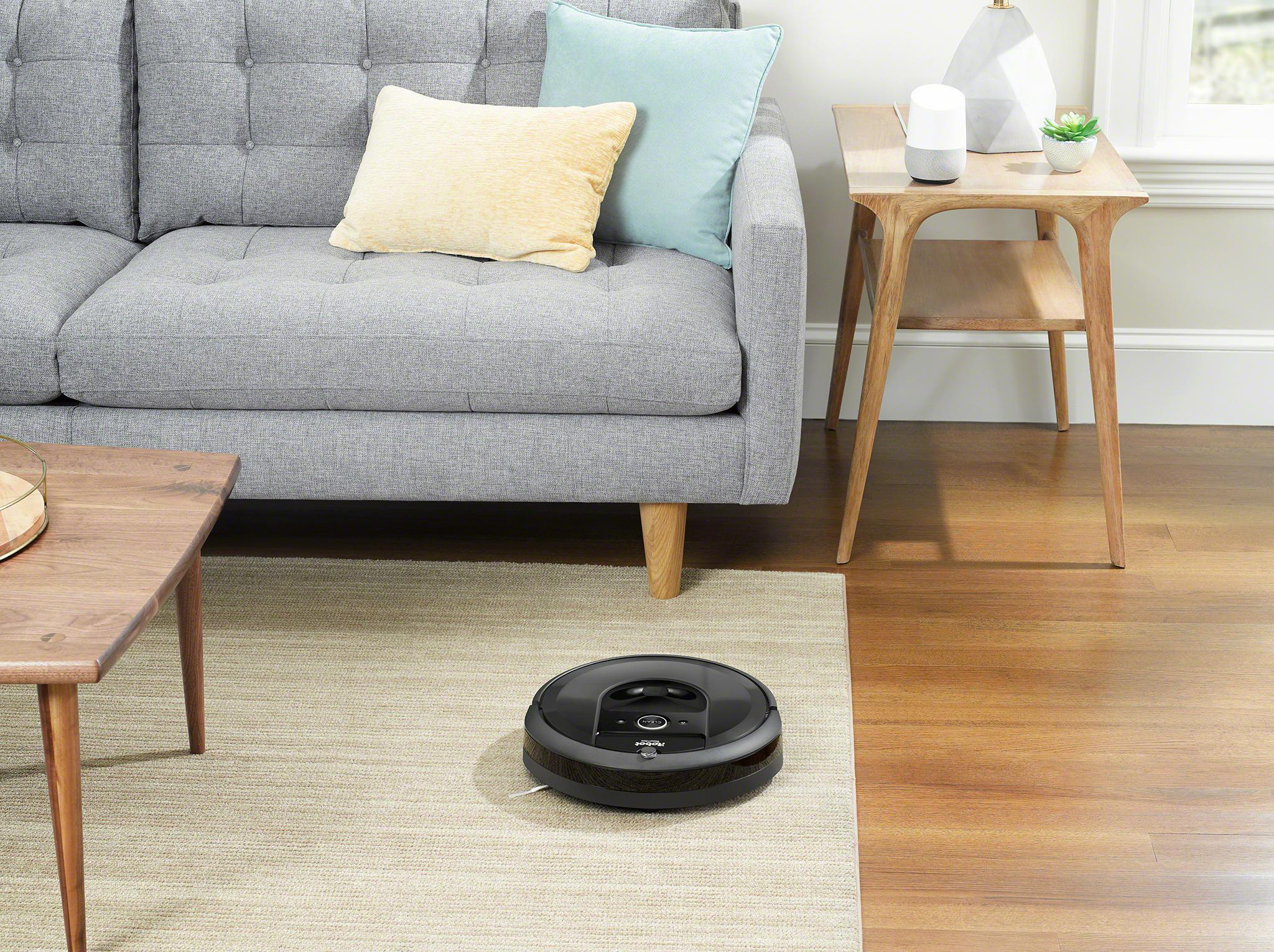Roboter-Staubsauger auf Teppich. Graues Sofa, Beistelltisch, Lampe. Holzboden.