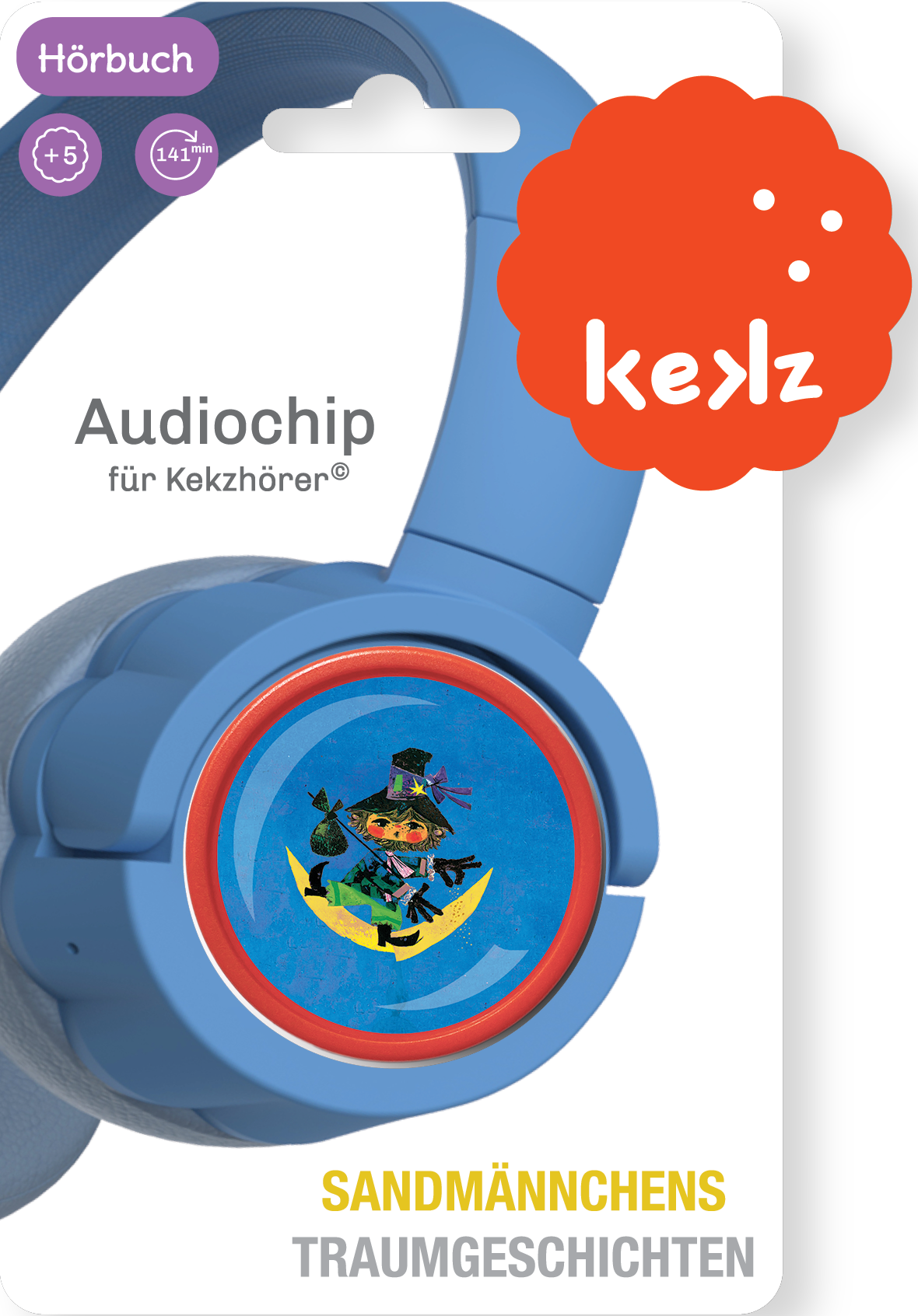 Blaue Kopfhörer mit Hexen-Grafik. Paket sagt 'Hörbuch', 'Audiochip' und 'Sandmännchens Traumgeschichten'.
