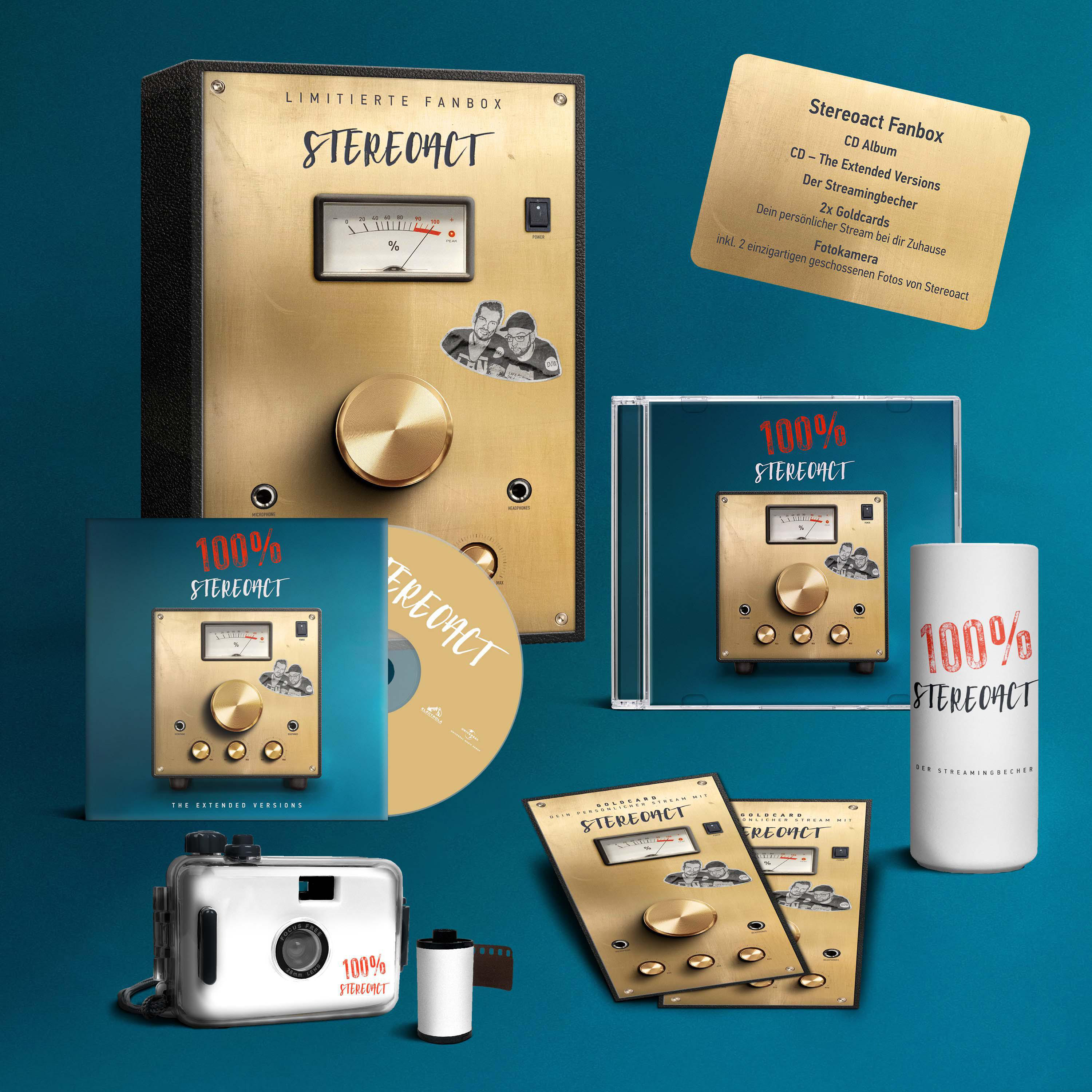 Box-Set eines Musikalbums mit Album, Kamera und Karten. Goldene und schwarze Elemente.