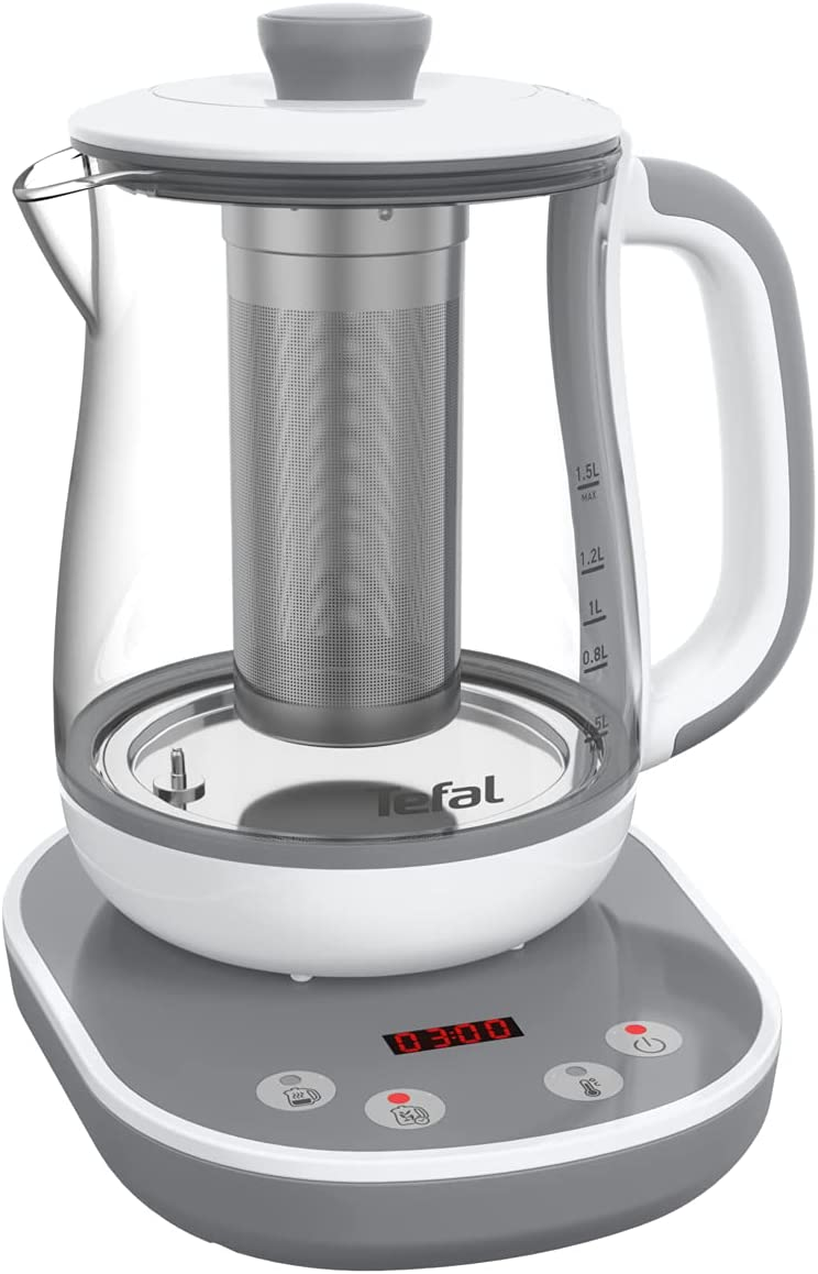 A white and grey electric kettle with an infuser and digital display showing 03:00.