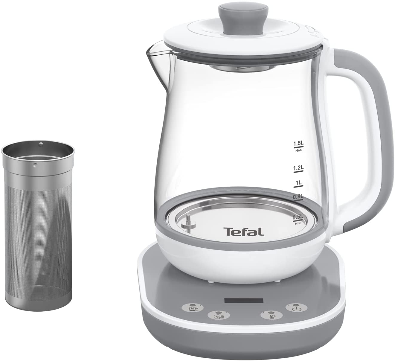 A white and gray glass electric kettle, with a separate cylindrical tea infuser.