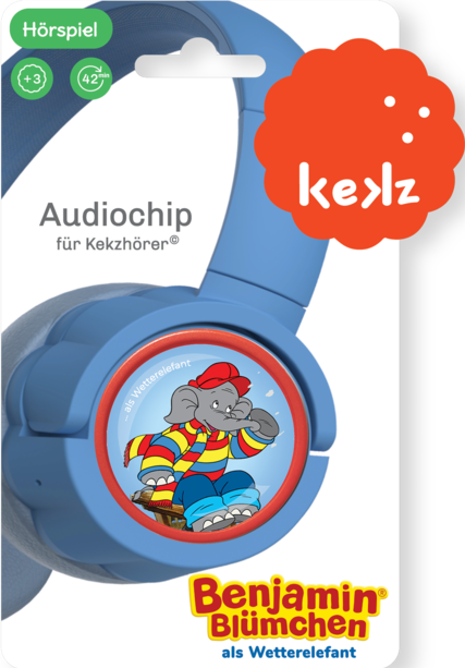 Blaue Kopfhörer mit Cartoon-Bild auf dem Ohr.