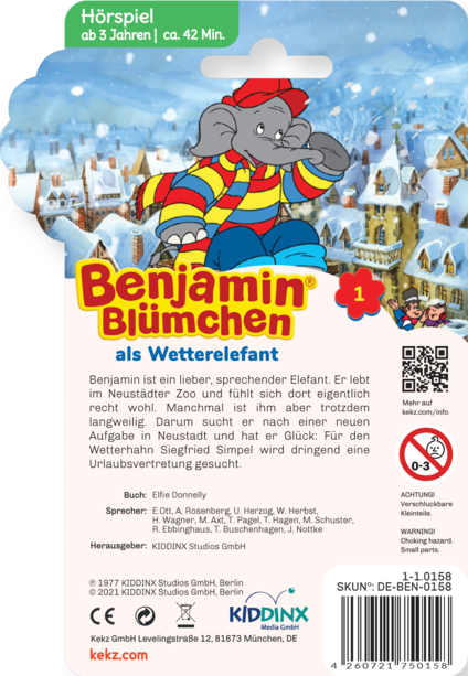 Benjamin Blümchen Spielzeugverpackung. Ein Elefantencharakter ist im Bild. Der Hintergrund ist verschneit.