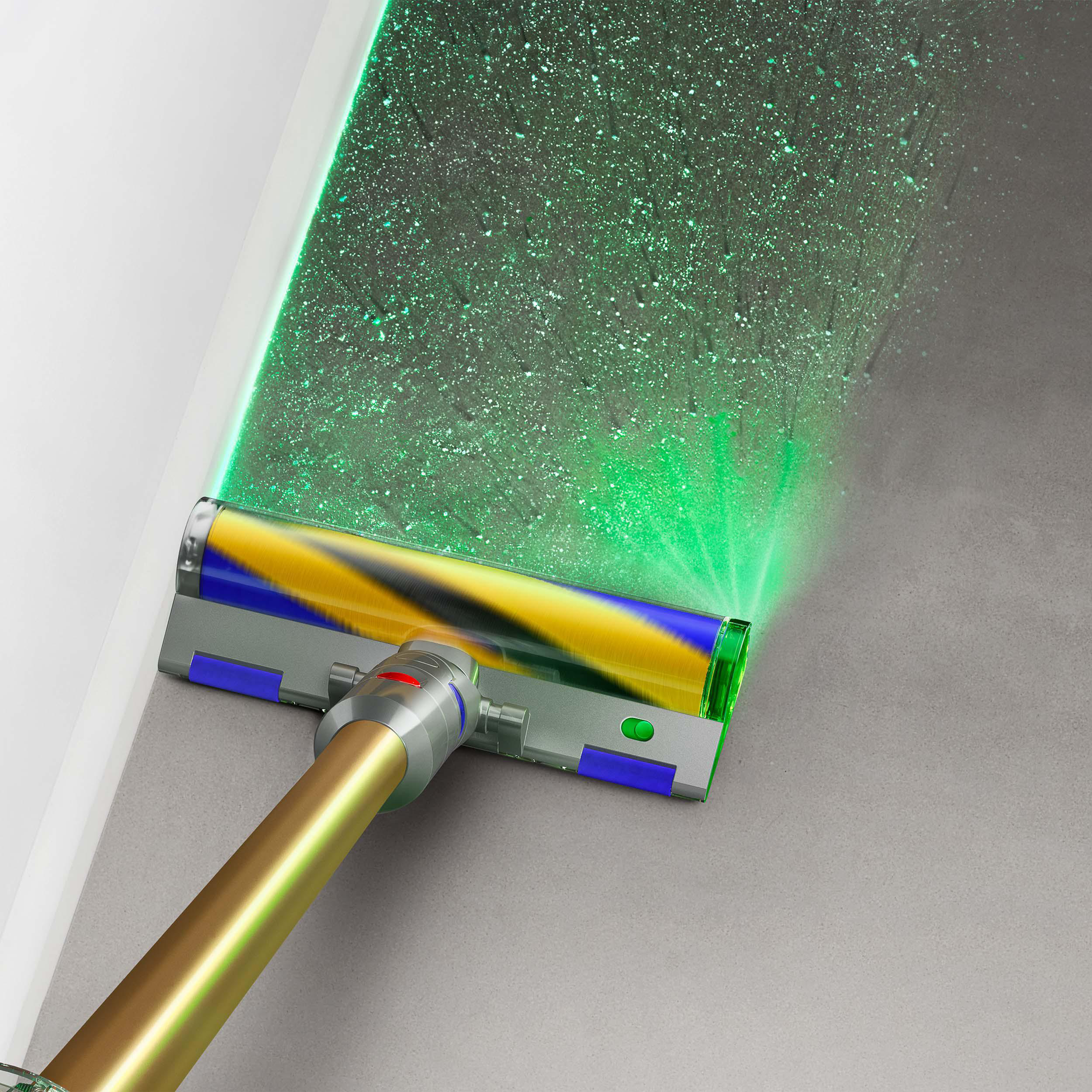 Dyson Staubsaugerkopf, zeigt grünes Laserlicht und Reinigung.