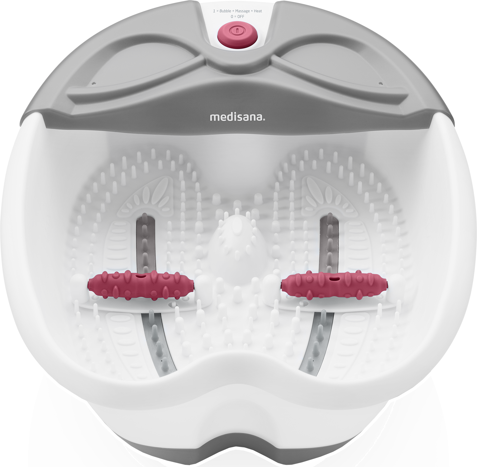 Voetspa-apparaat, wit en grijs, met rode massagerollers, bovenaanzicht.