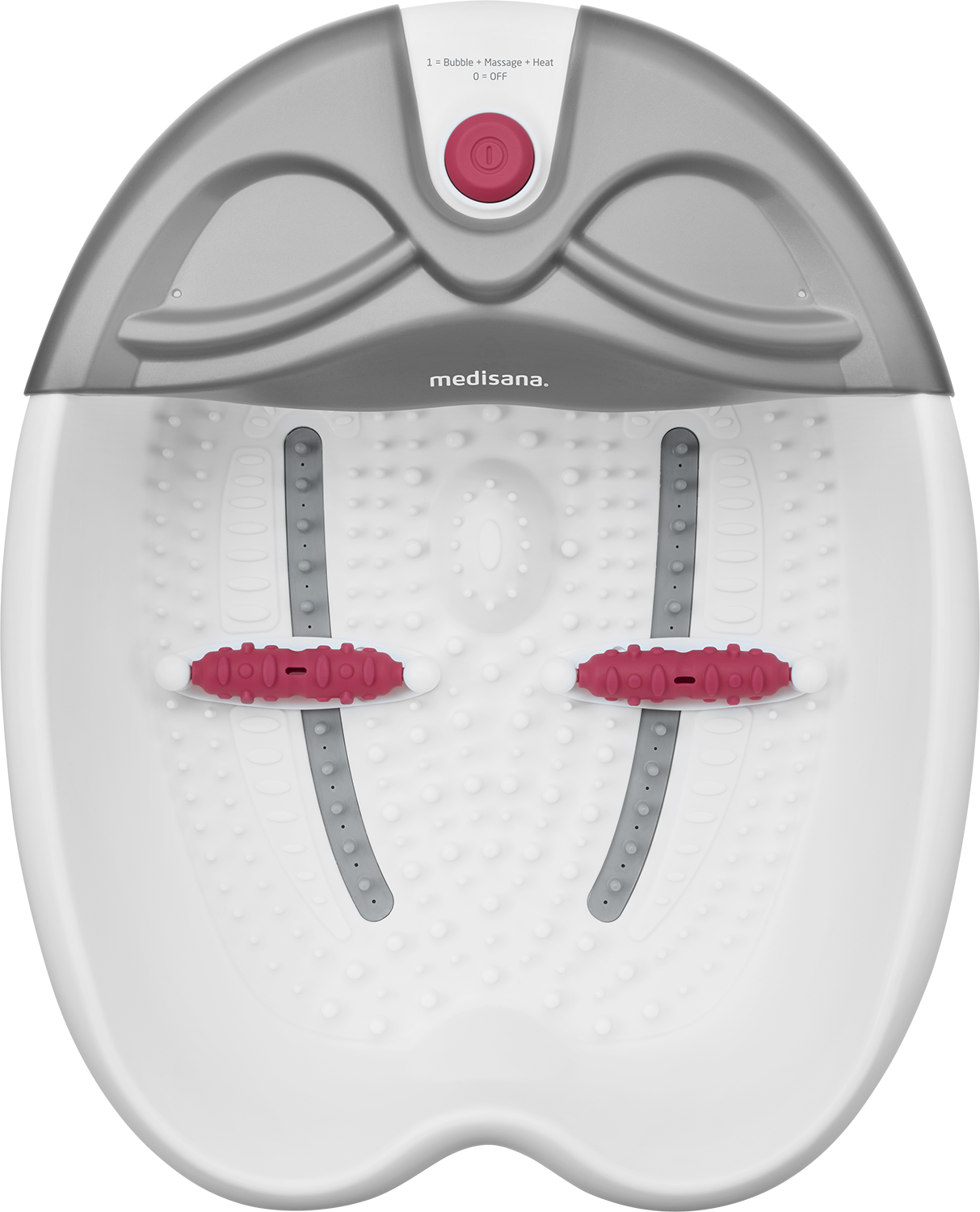 Witte en grijze voetenbad met rode bedieningselementen. Ontworpen voor voetmassage, bubbels en warmte. Bovenaanzicht.