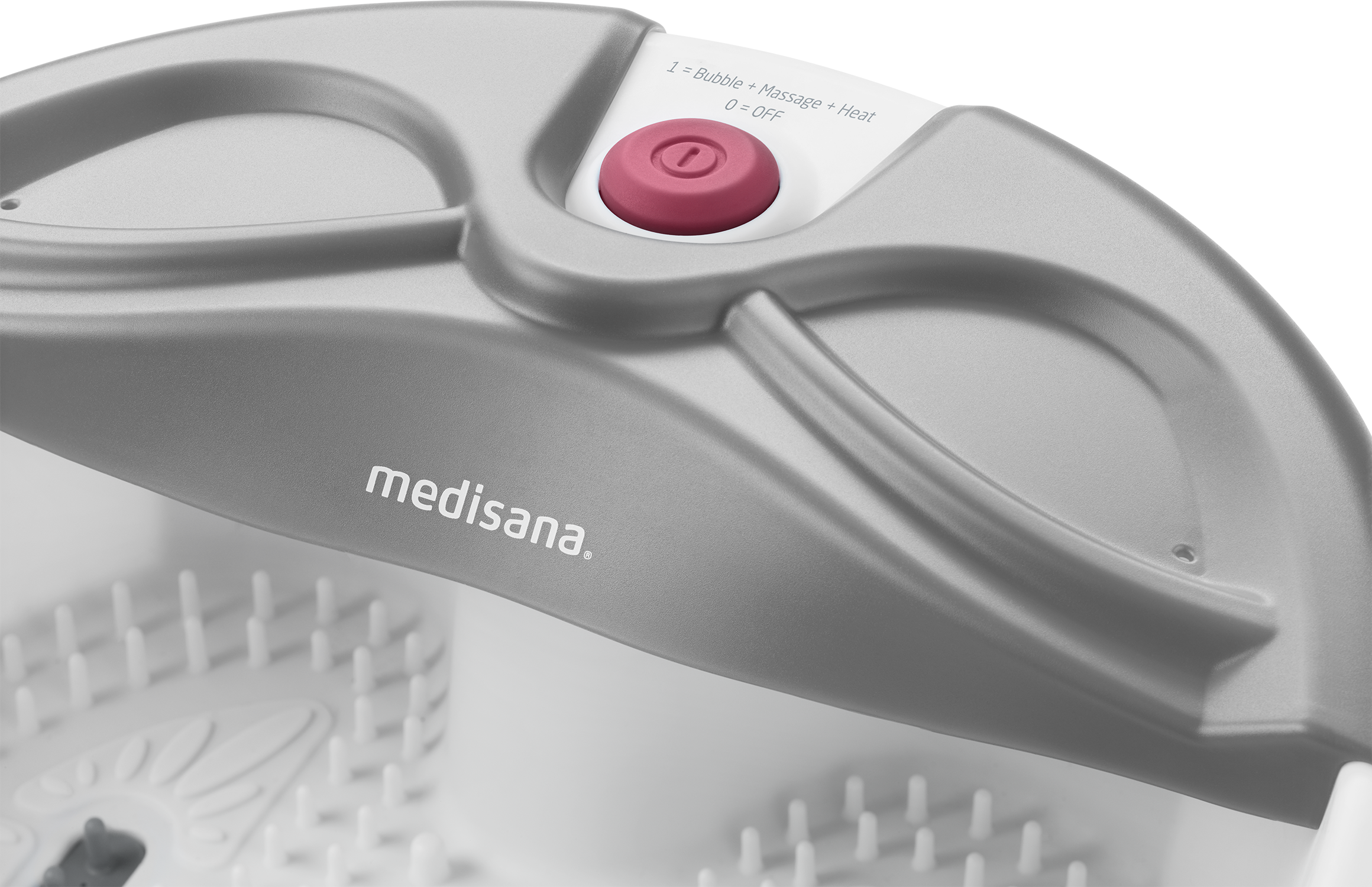 Voetspa bedieningspaneel. Grijs met rode knop, tekst: bubbel, massage, warmte.
