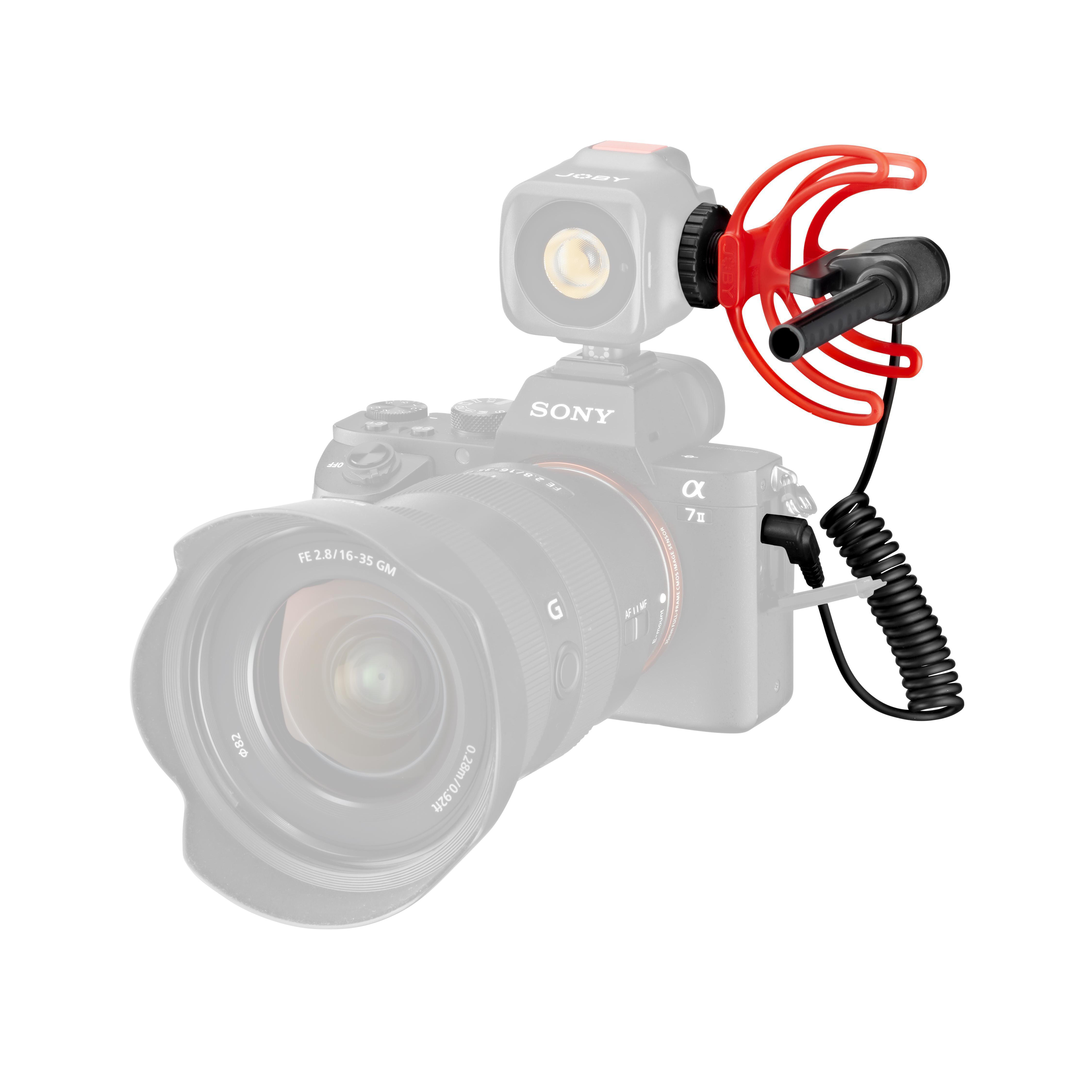 Sony Kamera mit Mikrofon und Licht. Schwarze Kamera, roter Mikrofonhalter.