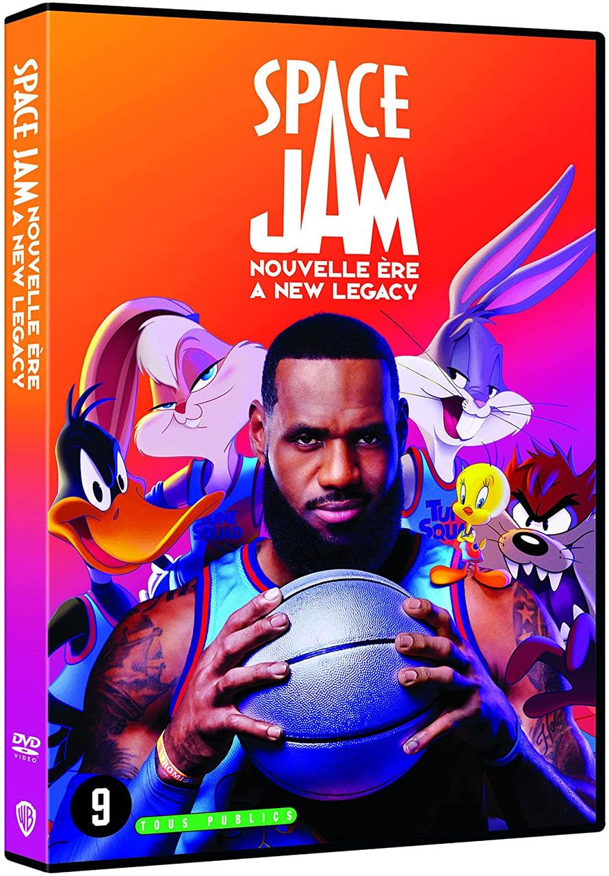 Space Jam DVD-hoes met LeBron James en Looney Tunes-personages, levendige oranje achtergrond.