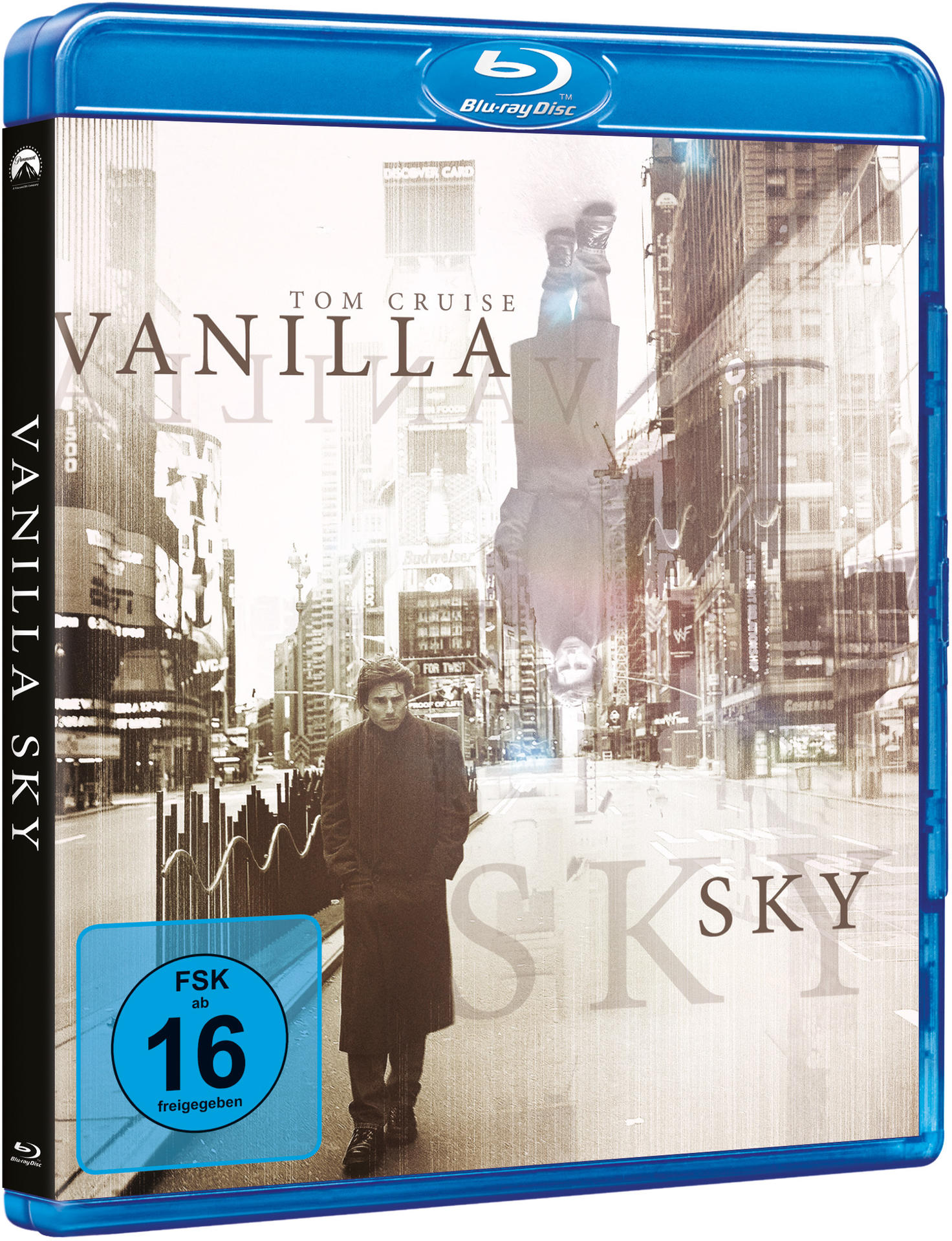 Eine Blu-ray-Filmhülle mit einer Stadtszene auf dem Cover und dem Titel 'Vanilla Sky'.
