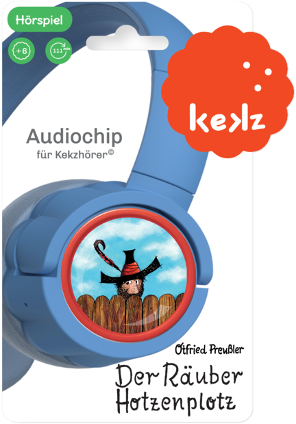 Blaue Kopfhörer-Verpackung mit Cartoon-Bild. Das Bild zeigt einen Charakter hinter einem Holzzaun.