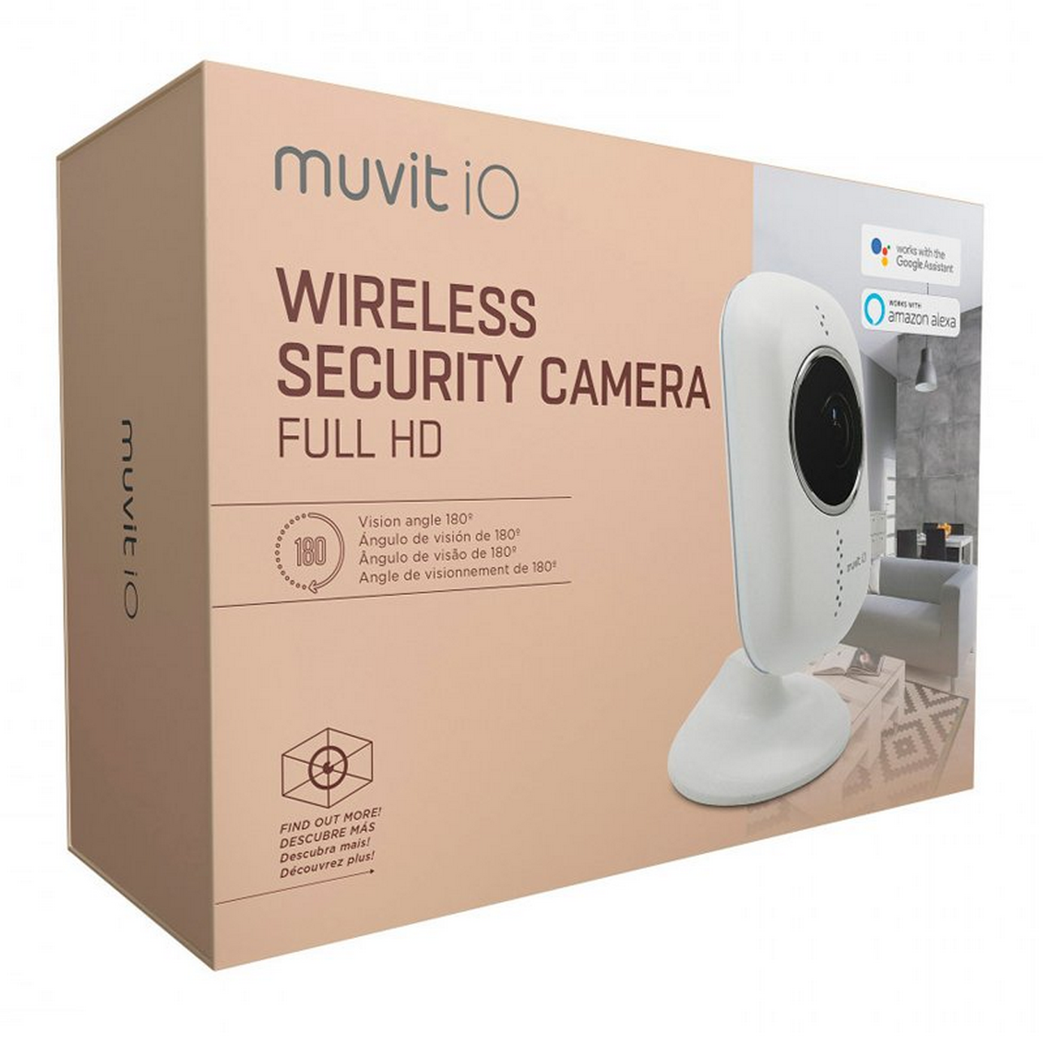 Cámara de seguridad - muvit iO MIOACAM001, FHD 1080p, WiFi, 180º, Visión nocturna, Asistentes de voz, Blanco