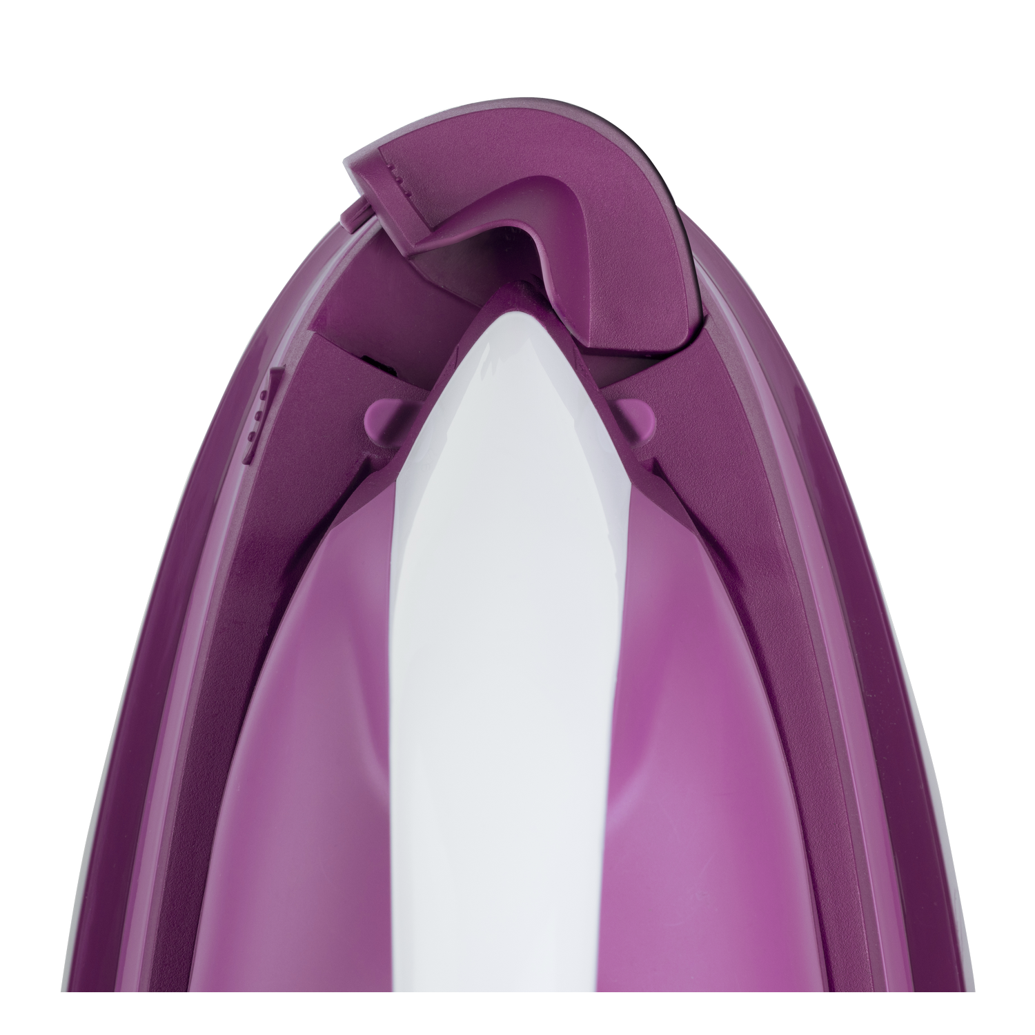 Primer plano de una máscara de buceo morada y blanca, mostrando la parte superior.