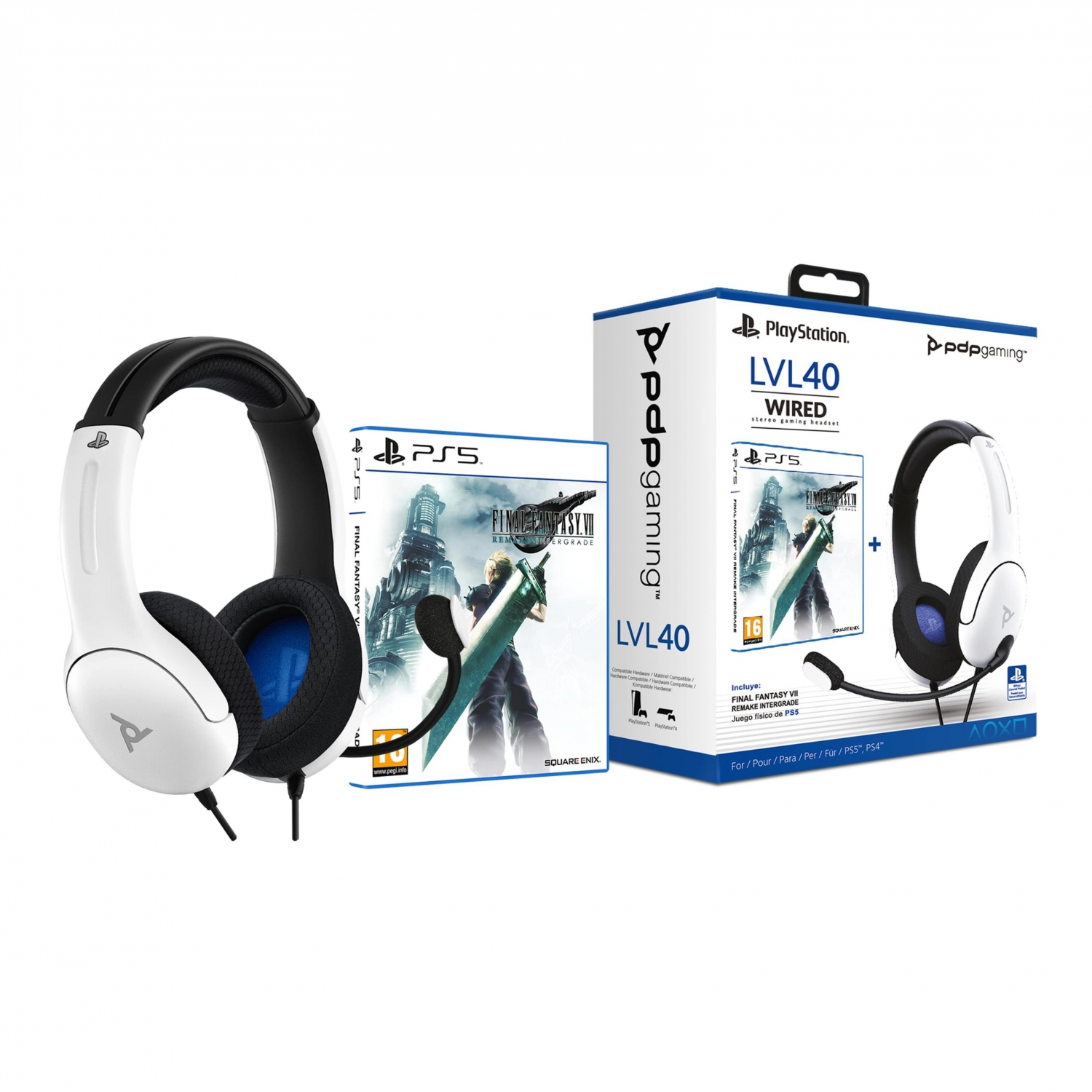 Auriculares gaming blancos y negros con caja de juego y caja PS5.