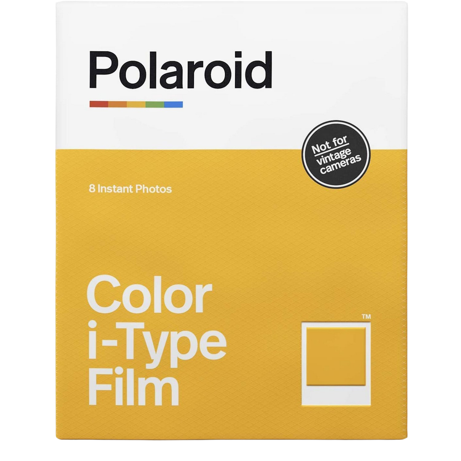 Caja de película Polaroid i-Type, amarilla y blanca, con una foto pequeña.