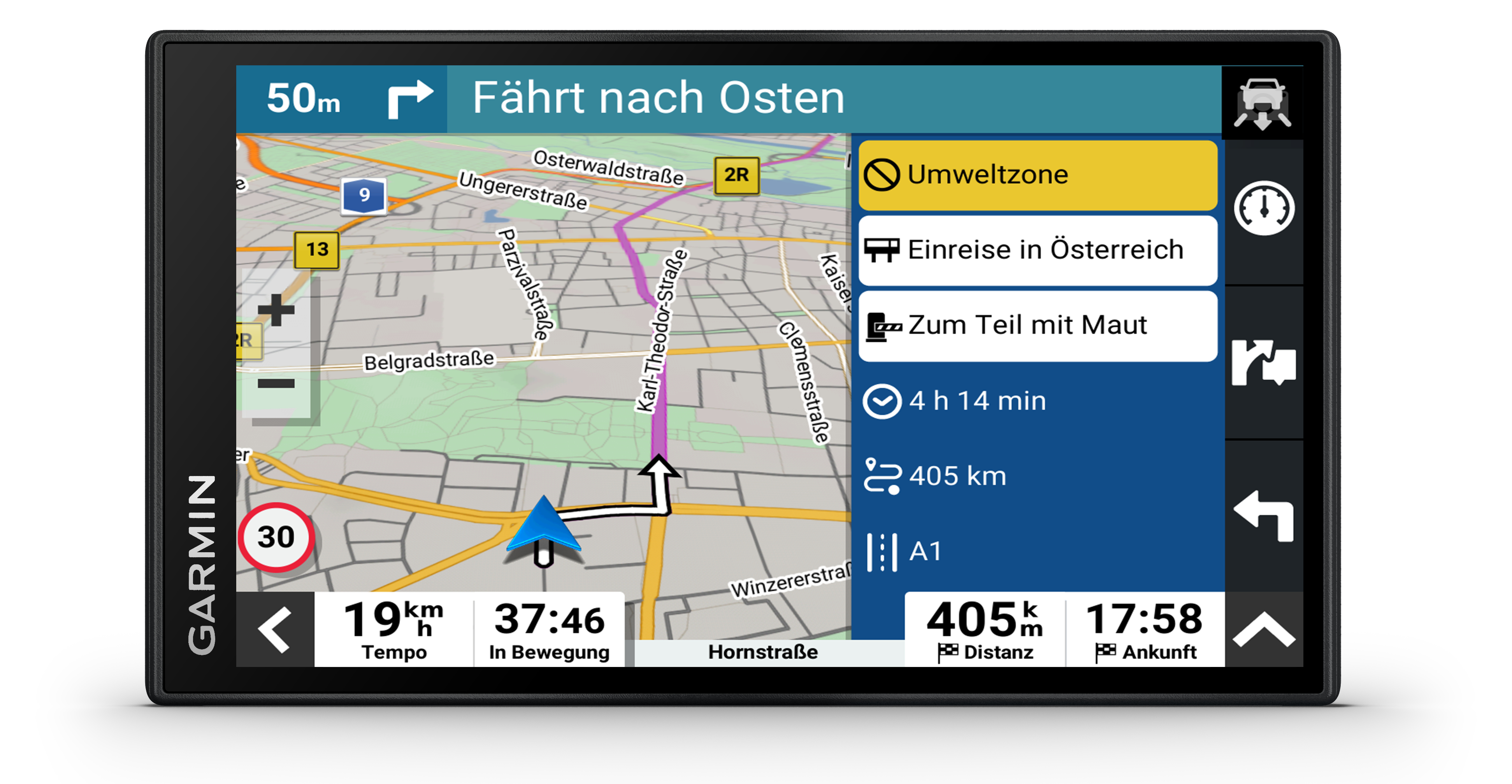 GPS-Navigationsbildschirm mit Karte und Fahranweisungen.