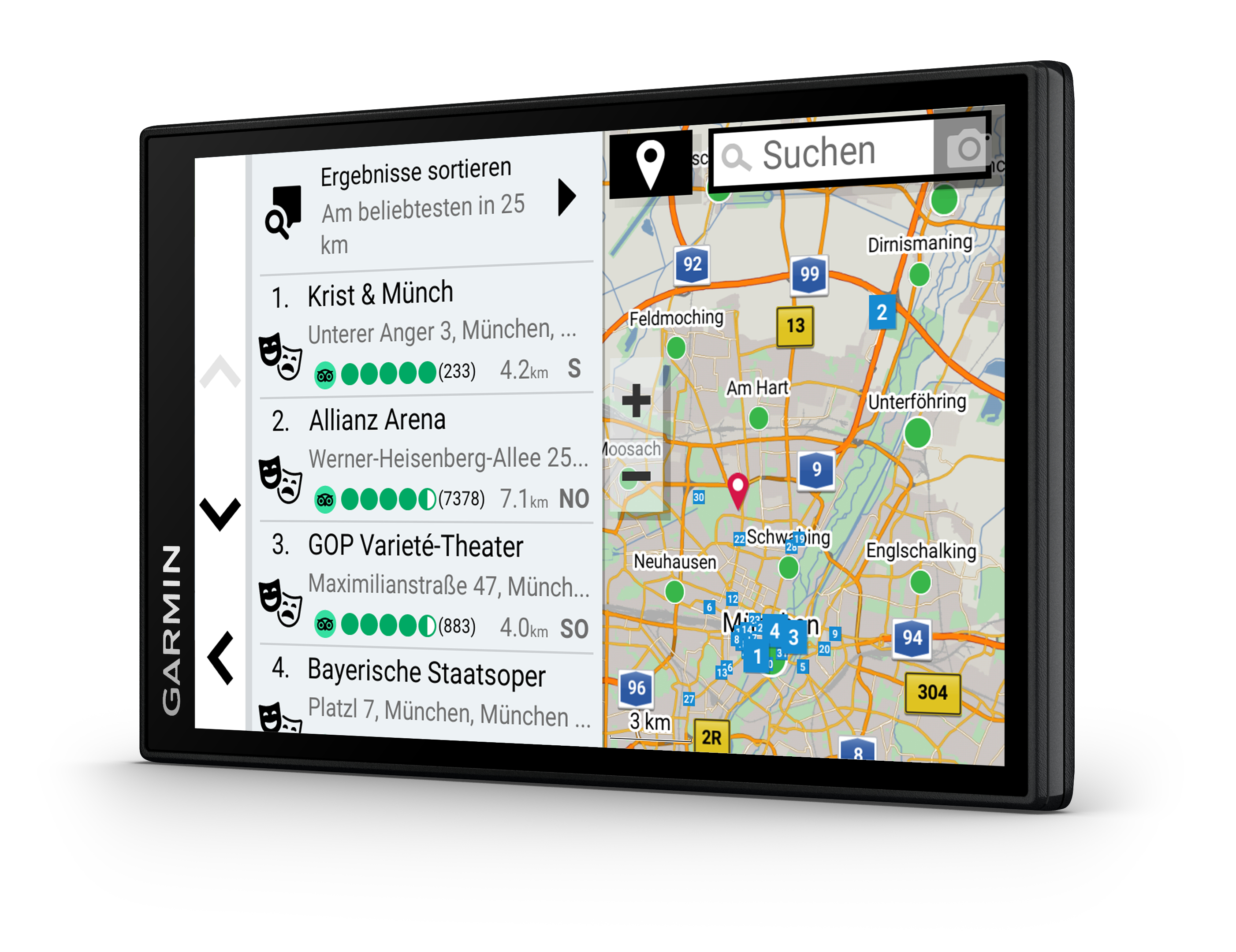 Ein GPS-Navigationsgerät-Bildschirm, der eine Karte und Suchoptionen anzeigt. Schwarzer Rahmen, weißer Hintergrund.